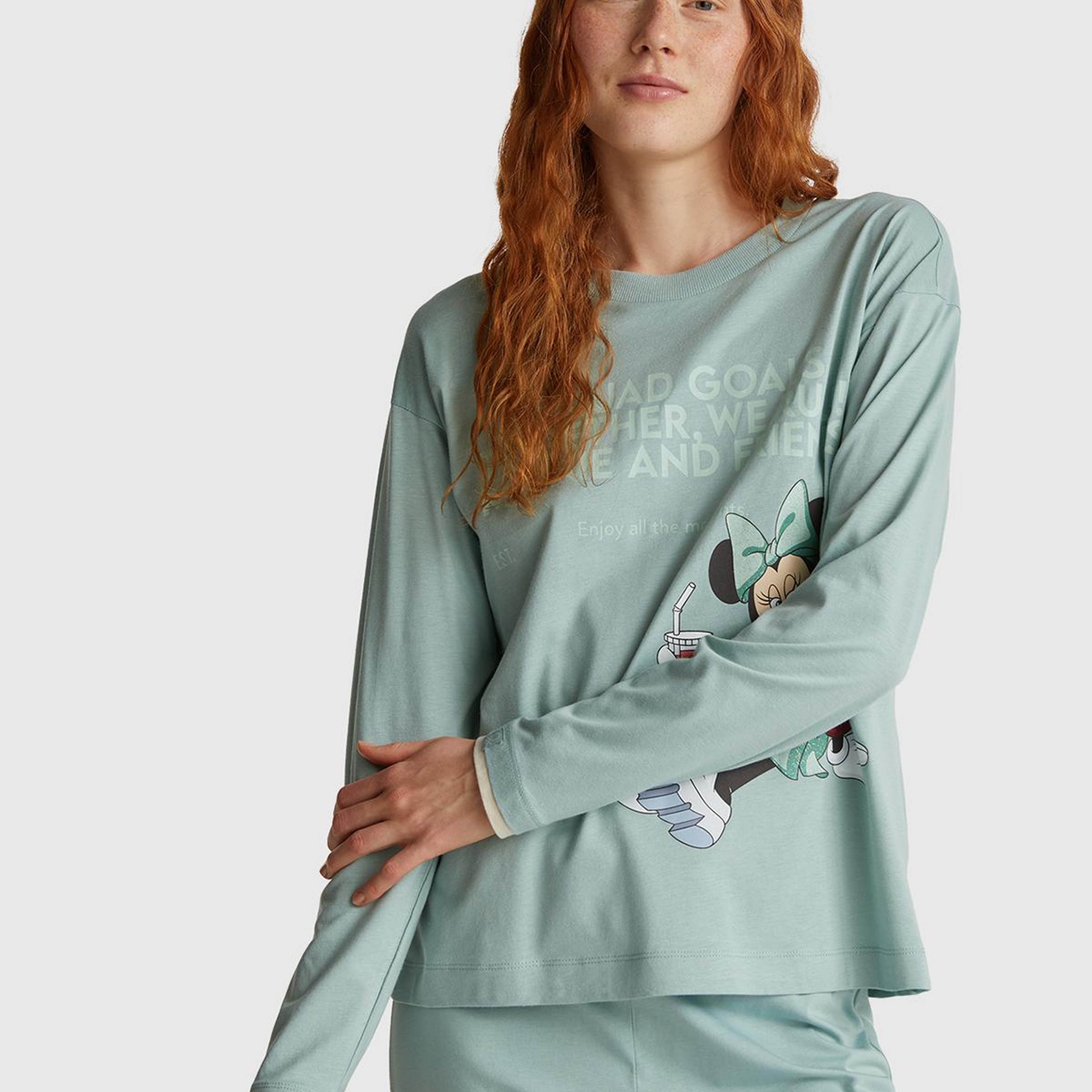 Kadın Açık Yeşil Koton Karışımlı Disney Baskılı Pijama üstü