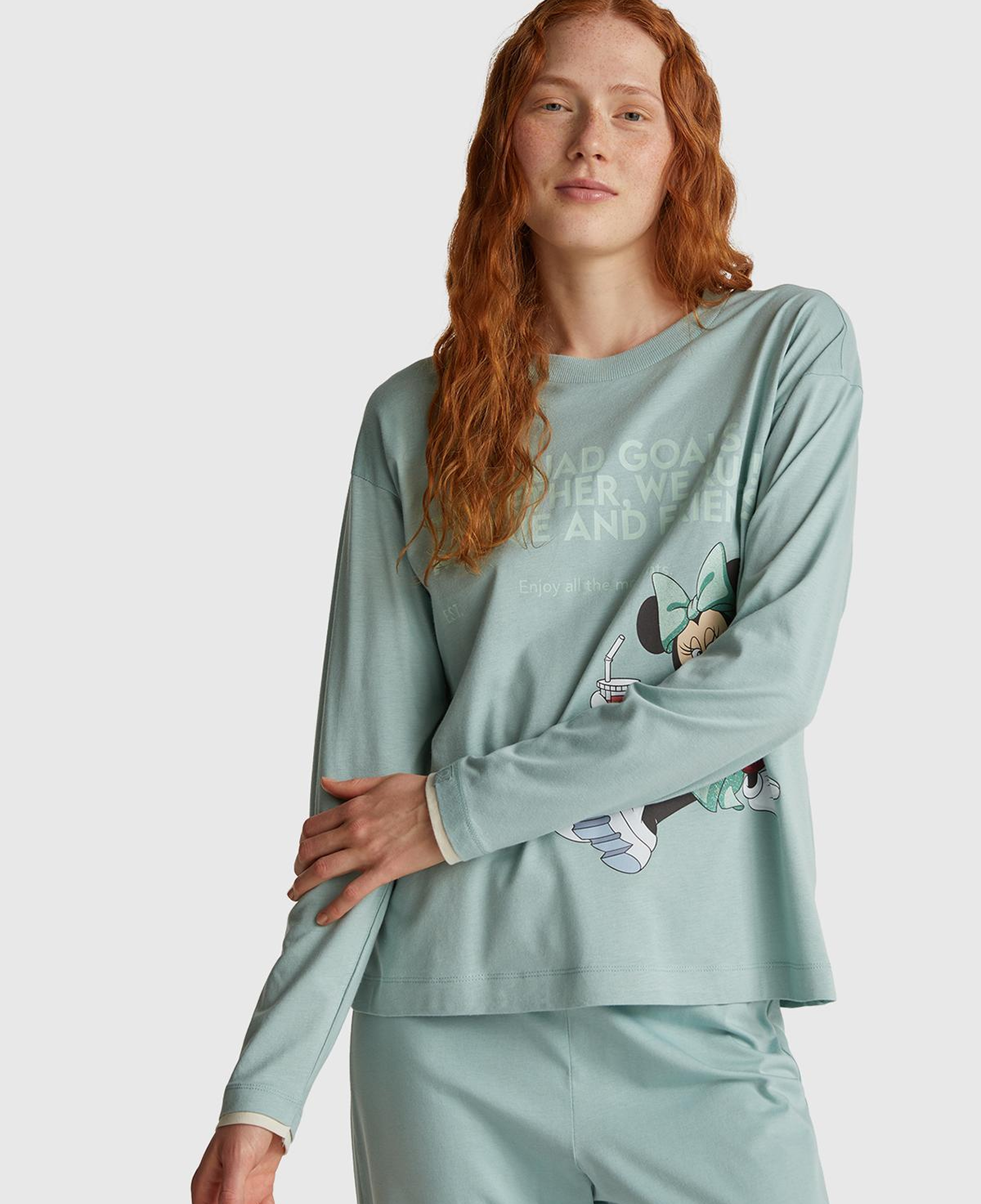 Kadın Açık Yeşil Koton Karışımlı Disney Baskılı Pijama üstü