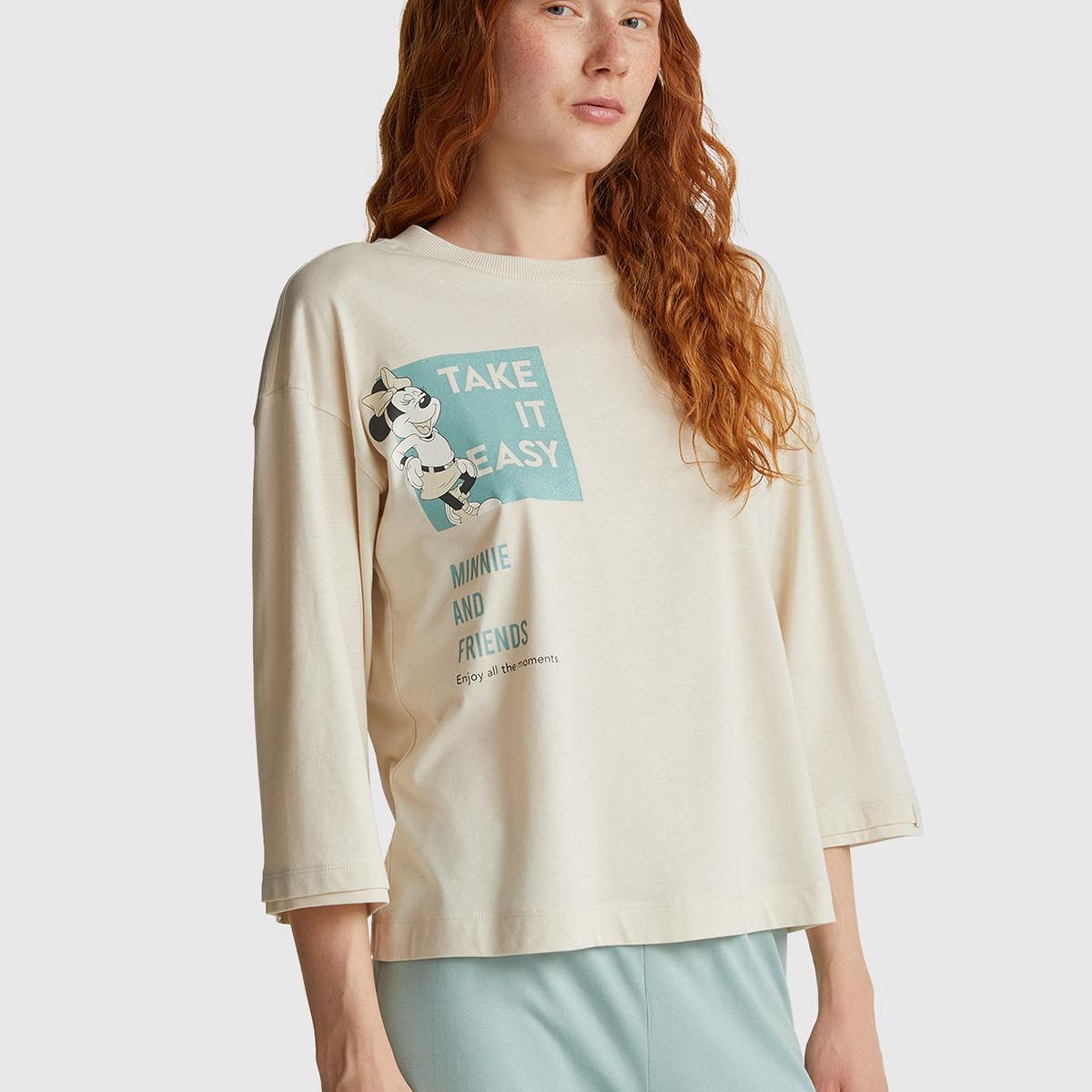 Kadın Krem Koton Karışımlı Disney Baskılı Kısa Kollu Pijama üstü