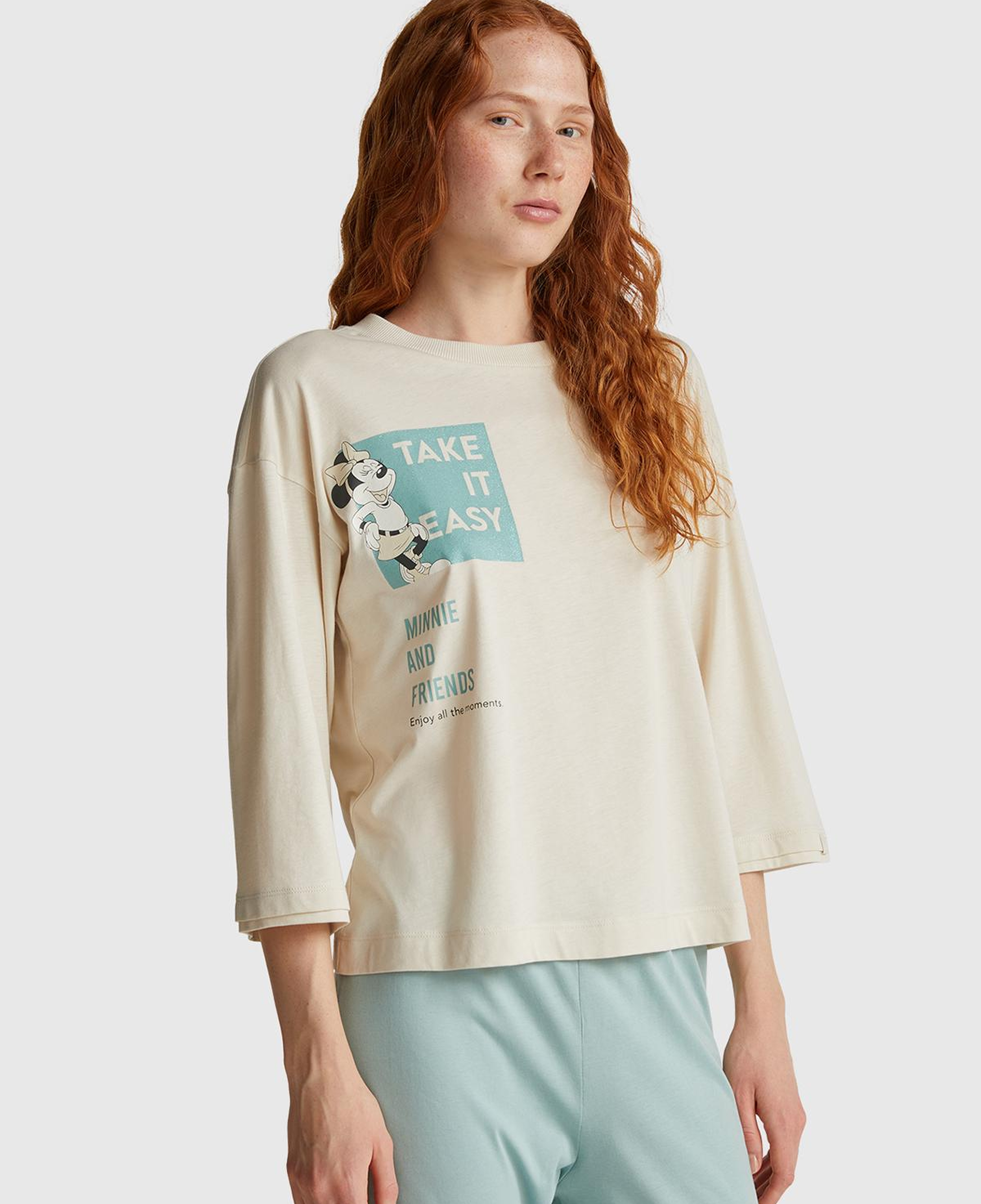Kadın Krem Koton Karışımlı Disney Baskılı Kısa Kollu Pijama üstü