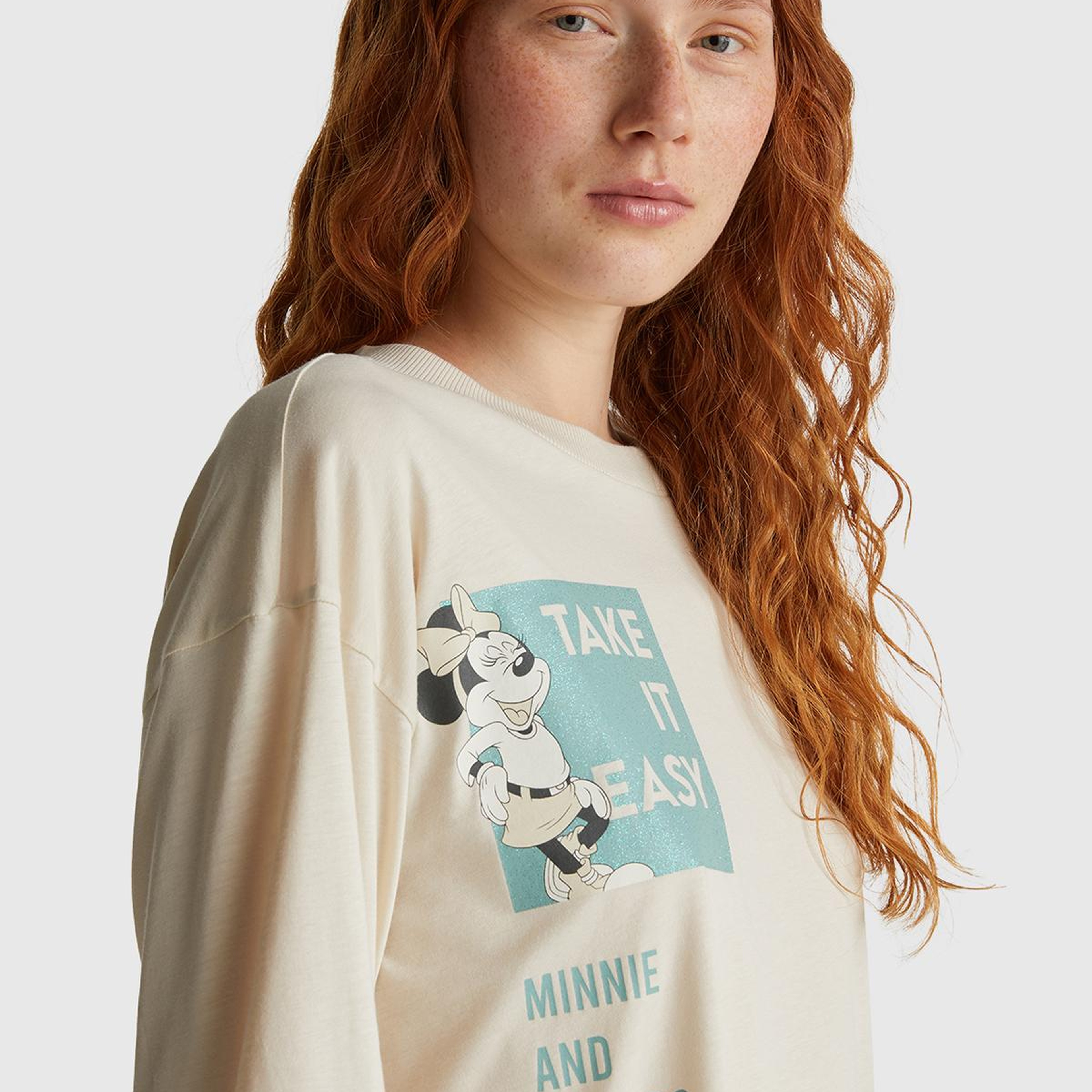 Kadın Krem Koton Karışımlı Disney Baskılı Kısa Kollu Pijama üstü