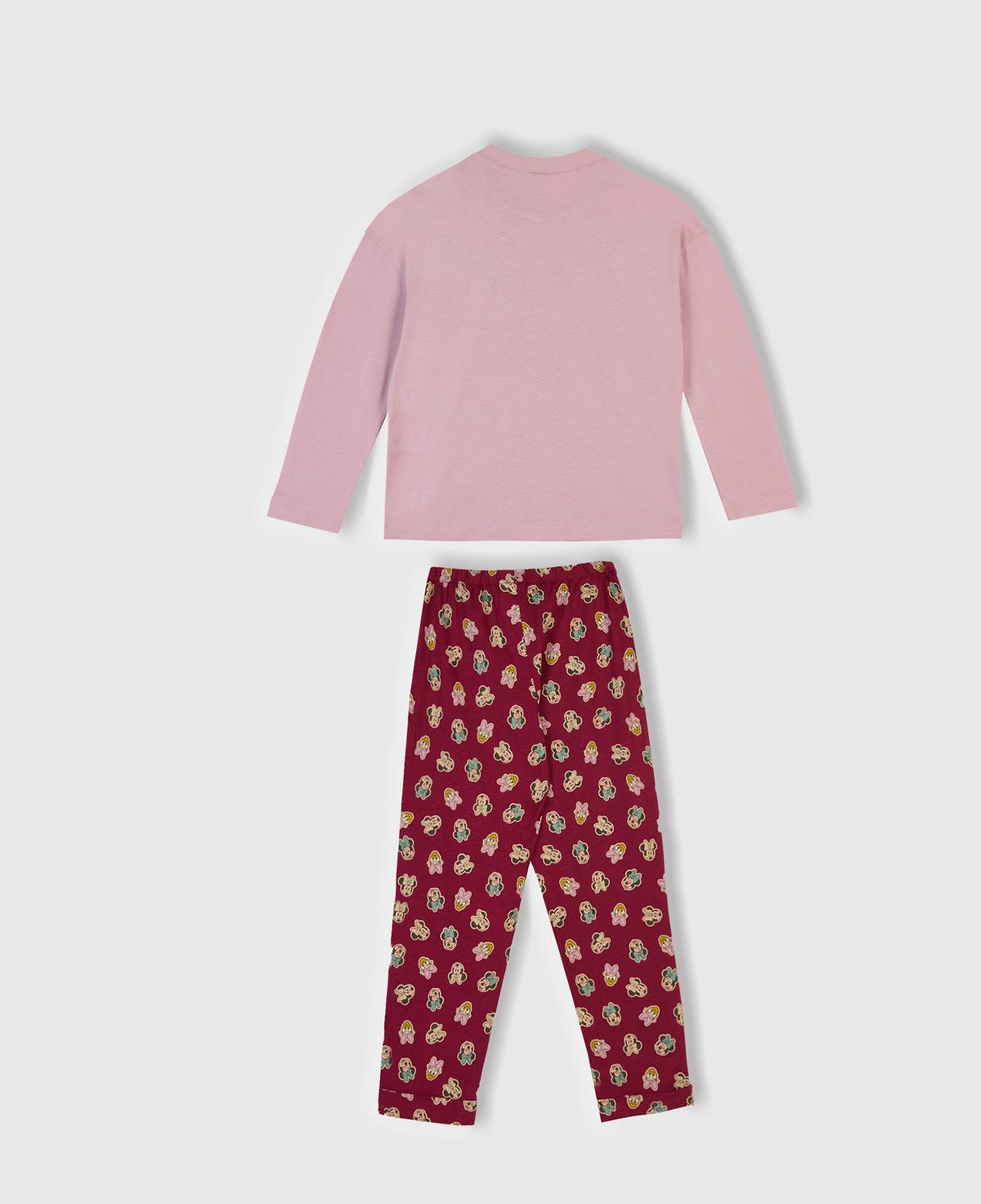 Kız Çocuk Toz Pembe-Fuşya Üstü Disney Baskılı Altı Desenli Paçası Kıvrık Pijama Takımı