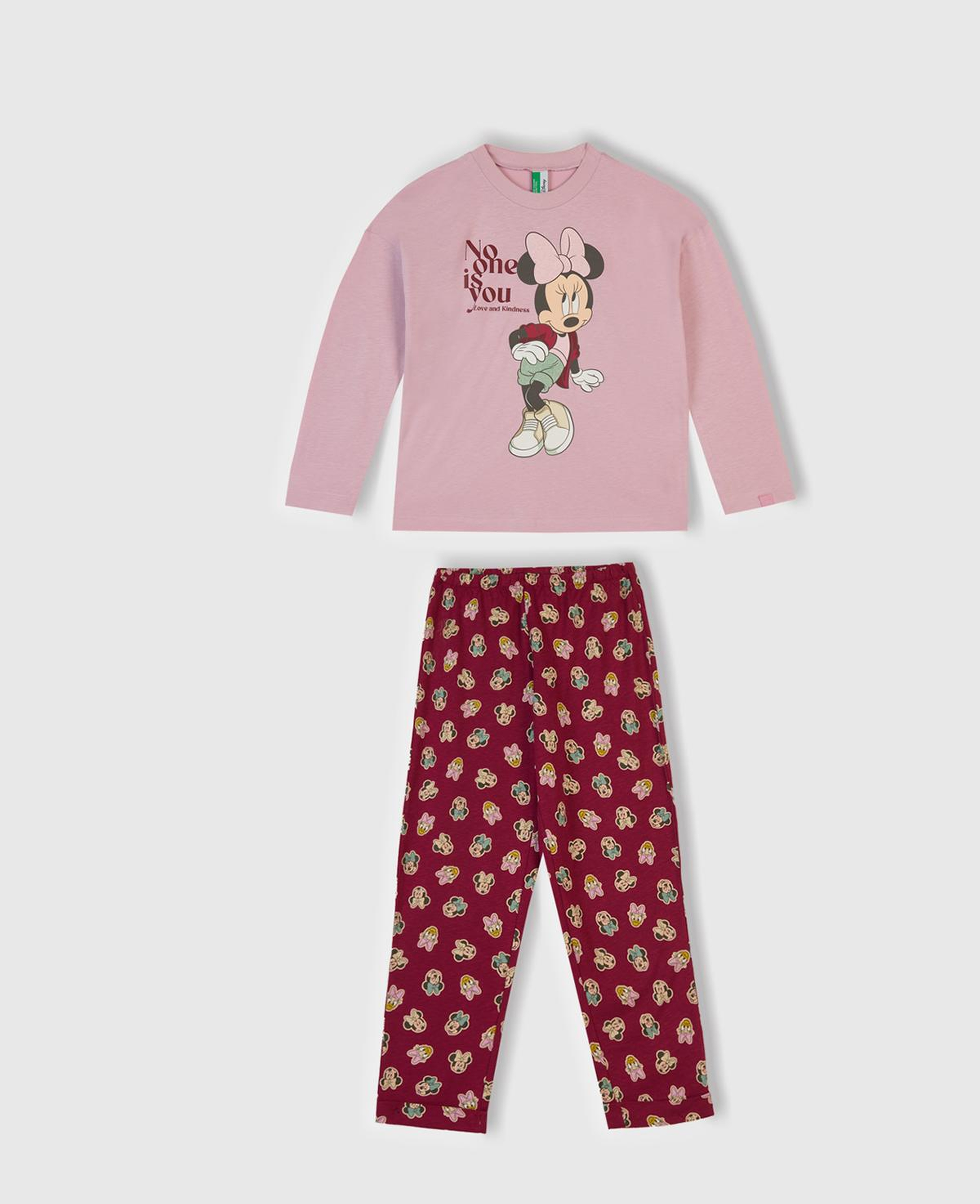 Kız Çocuk Toz Pembe-Fuşya Üstü Disney Baskılı Altı Desenli Paçası Kıvrık Pijama Takımı