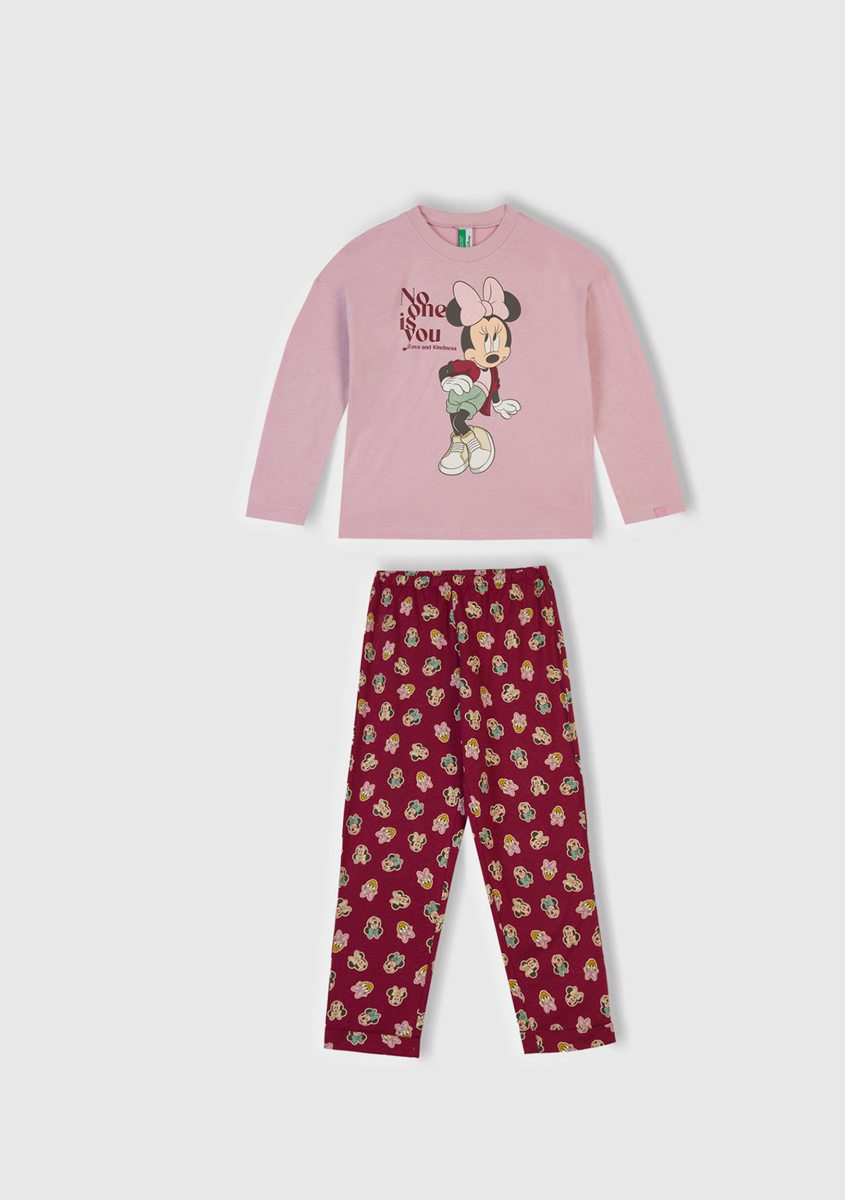 Kız Çocuk Toz Pembe-Fuşya Üstü Disney Baskılı Altı Desenli Paçası Kıvrık Pijama Takımı