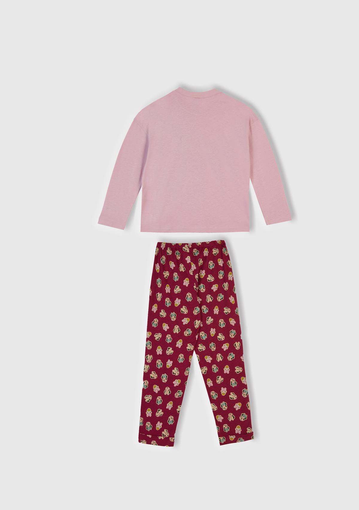 Kız Çocuk Toz Pembe-Fuşya Üstü Disney Baskılı Altı Desenli Paçası Kıvrık Pijama Takımı