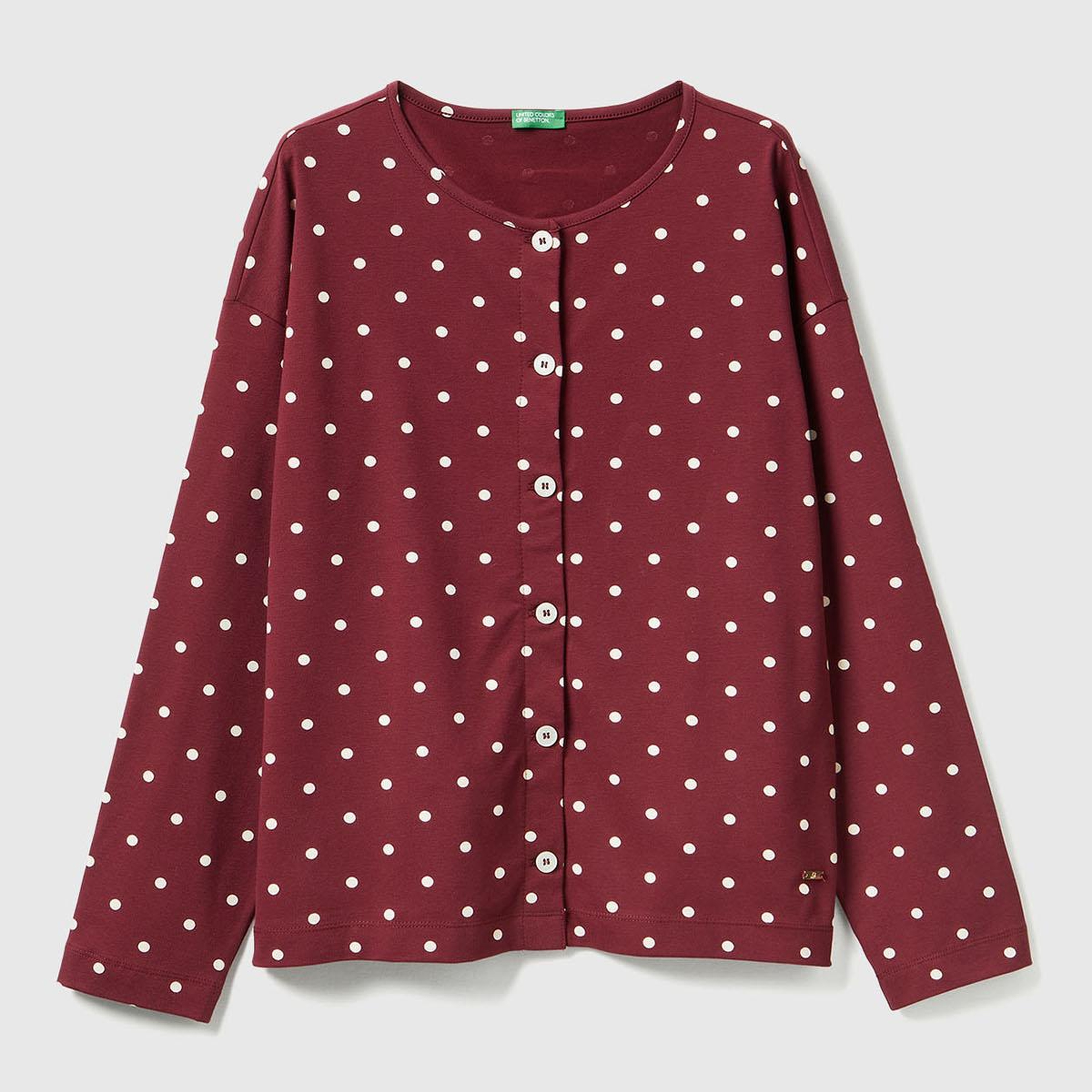 Kadın Bordo Pamuk Karışımlı Puantiyeli Önü Düğmeli Pijama Üstü