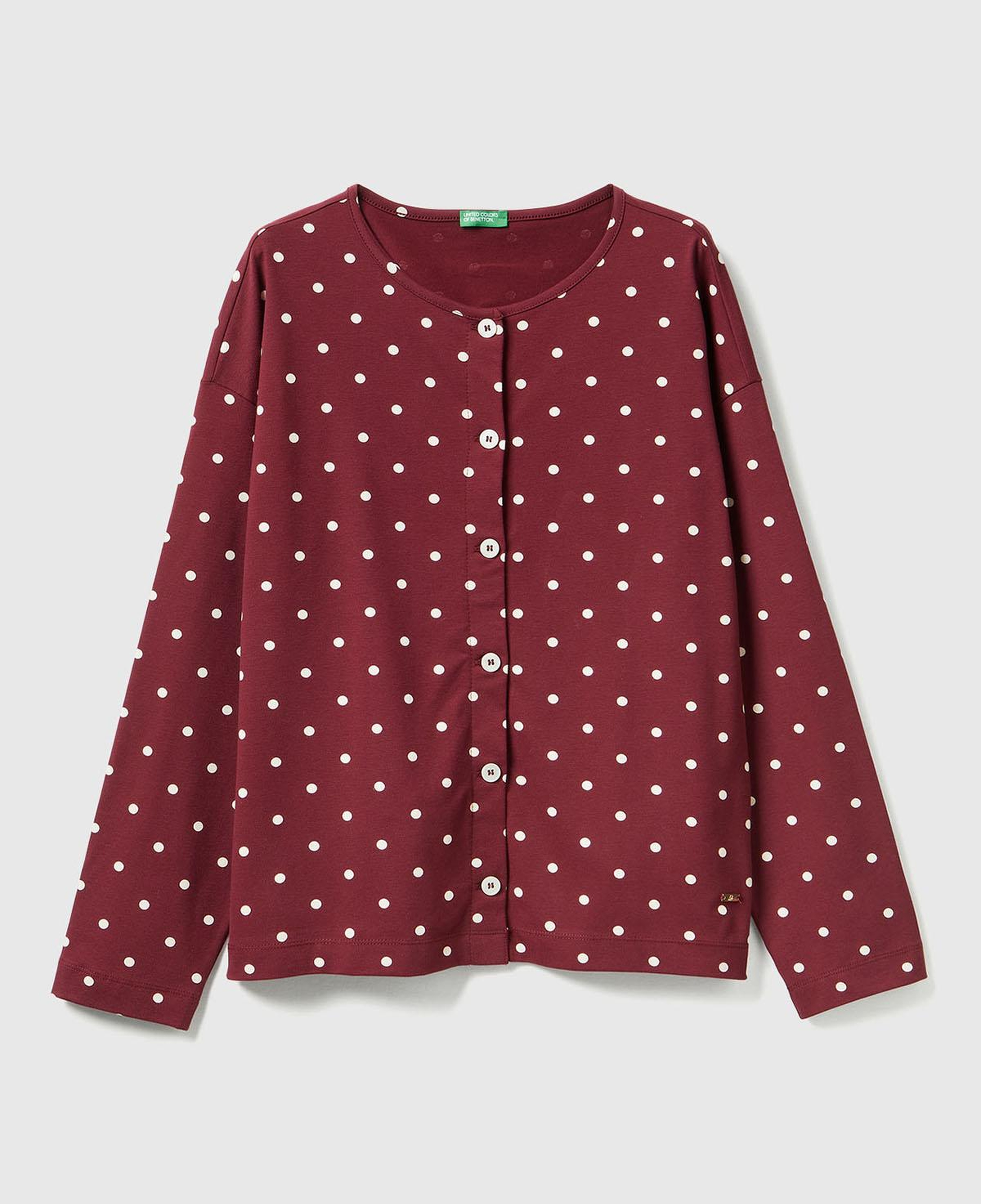 Kadın Bordo Pamuk Karışımlı Puantiyeli Önü Düğmeli Pijama Üstü