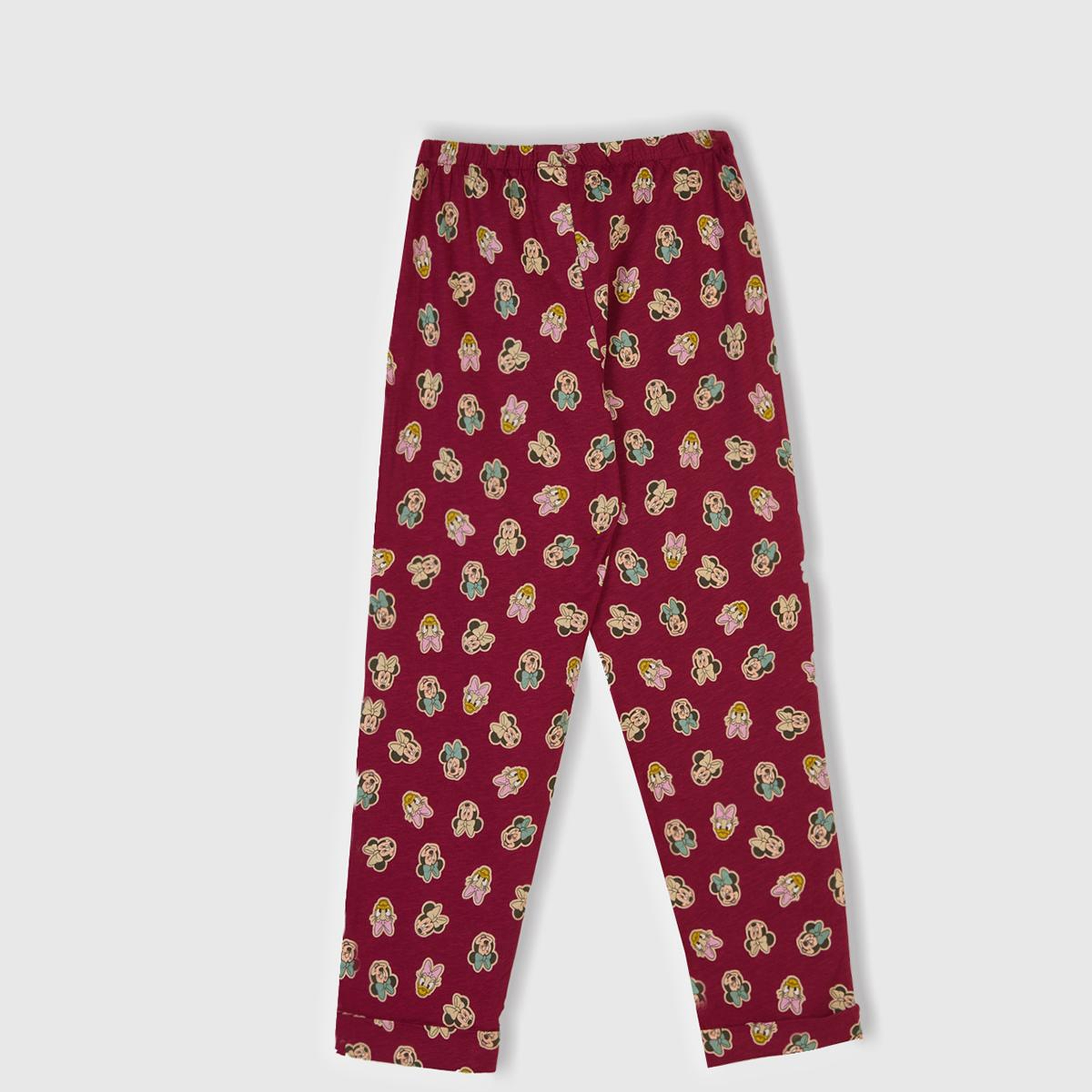 Kız Çocuk Toz Pembe-Fuşya Üstü Disney Baskılı Altı Desenli Paçası Kıvrık Pijama Takımı