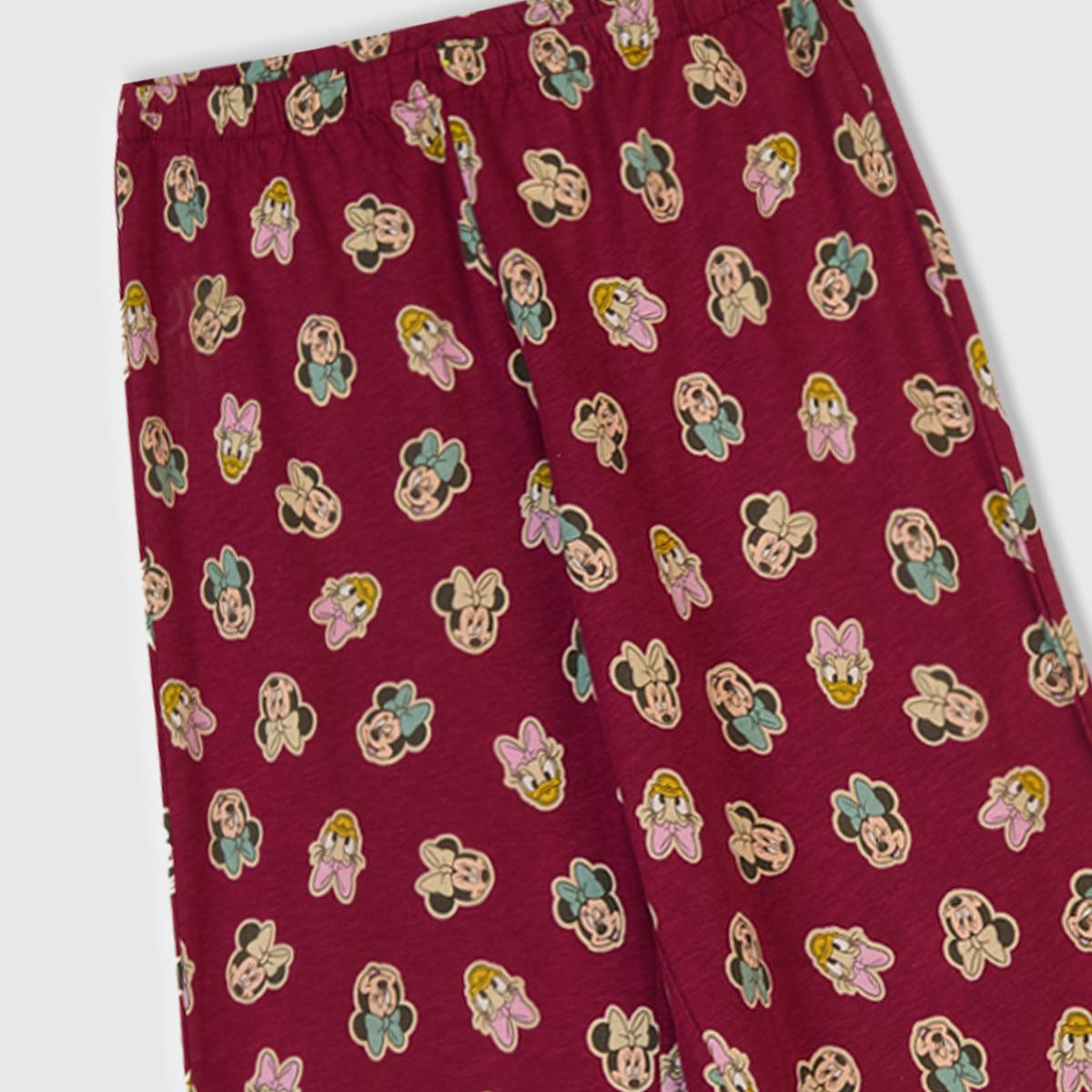 Kız Çocuk Toz Pembe-Fuşya Üstü Disney Baskılı Altı Desenli Paçası Kıvrık Pijama Takımı