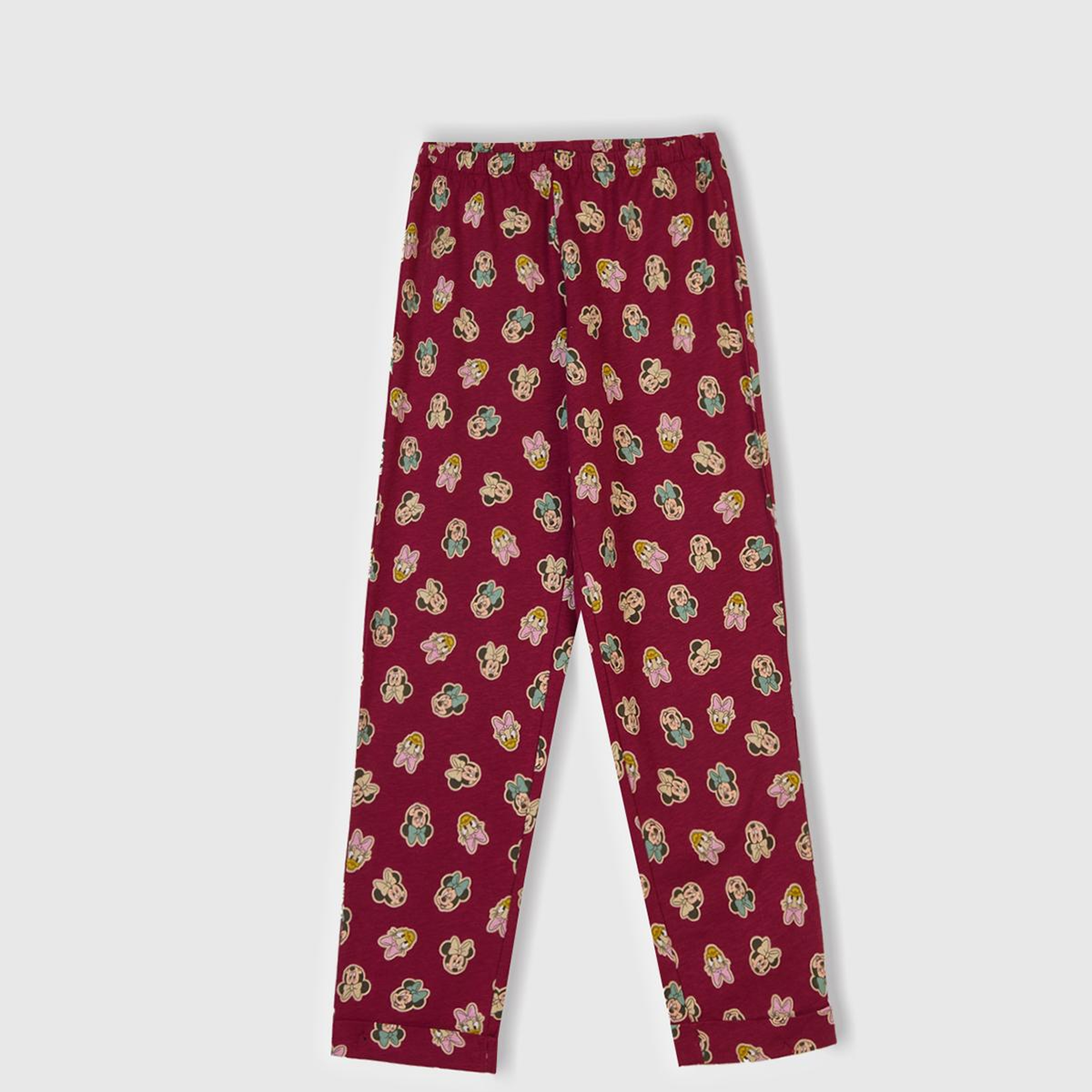 Kız Çocuk Toz Pembe-Fuşya Üstü Disney Baskılı Altı Desenli Paçası Kıvrık Pijama Takımı