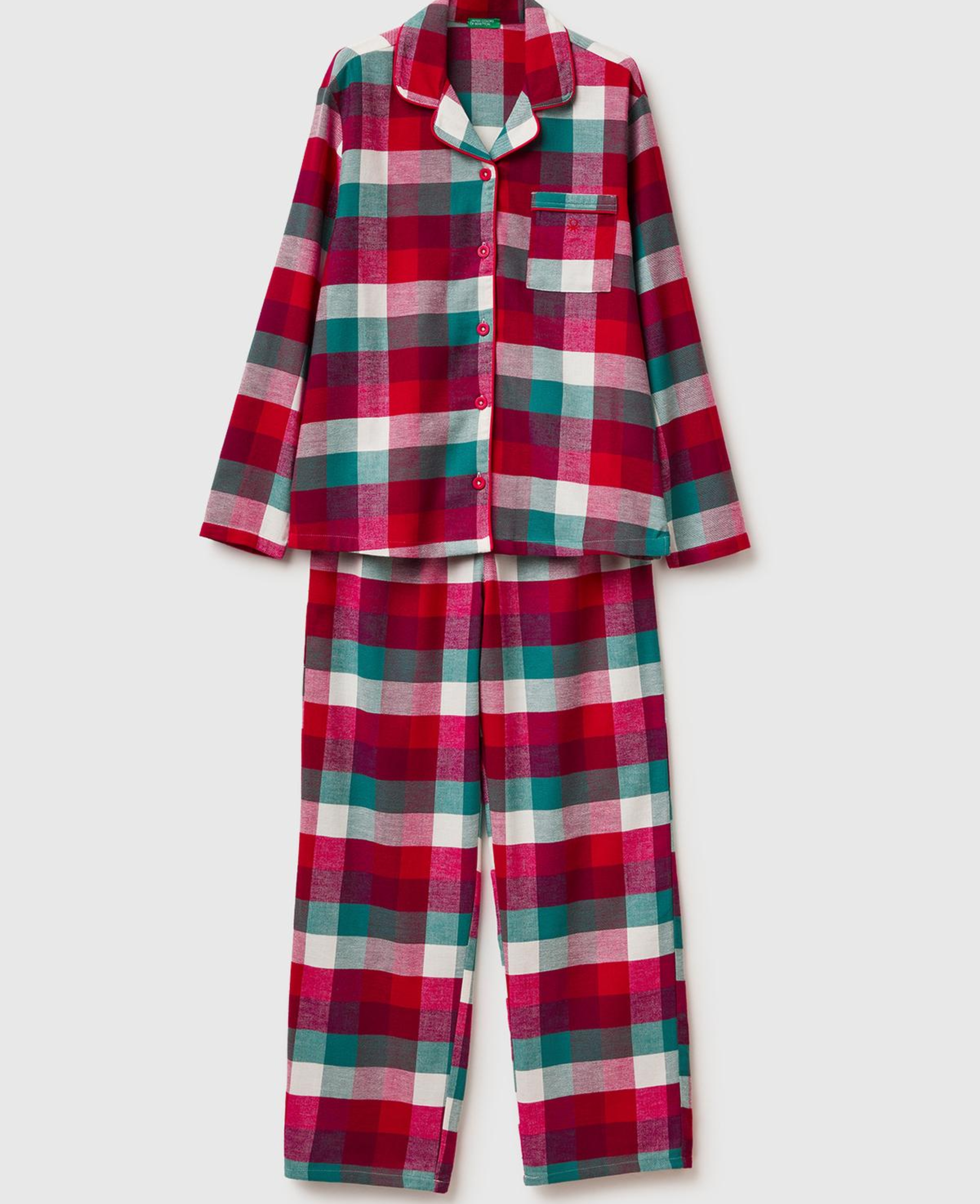 Kadın Kırmızı Ekoseli %100 Koton Desenli Pijama Takımı