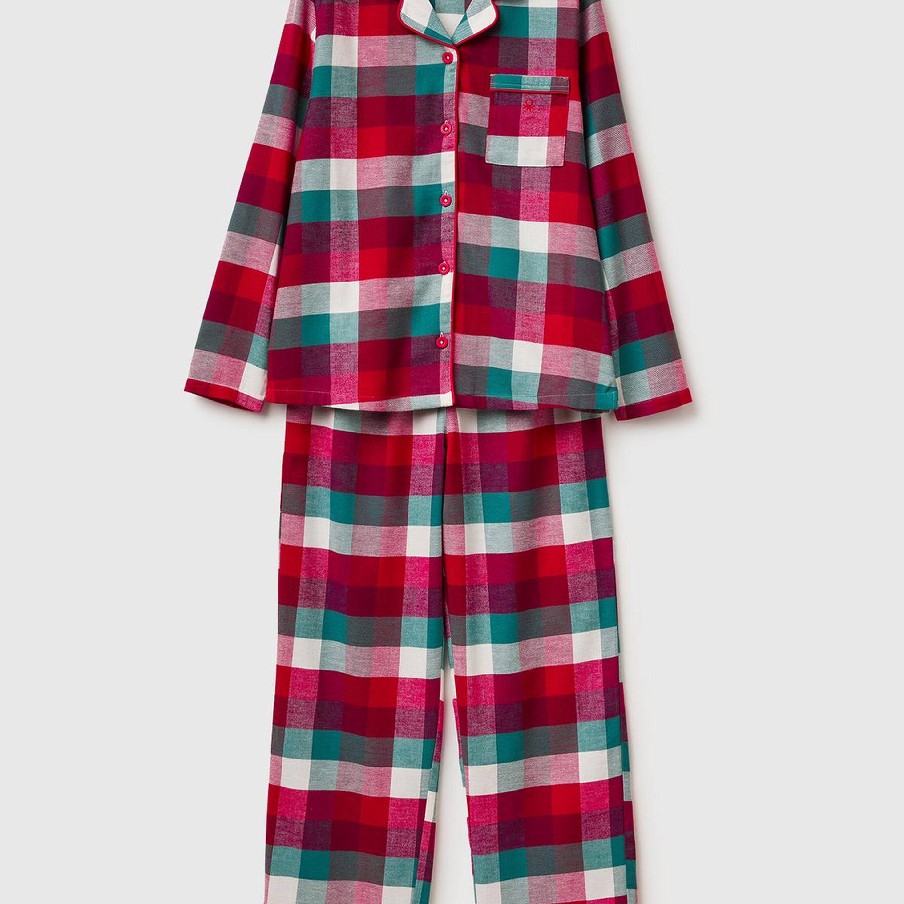 Kadın Kırmızı Ekoseli %100 Koton Desenli Pijama Takımı