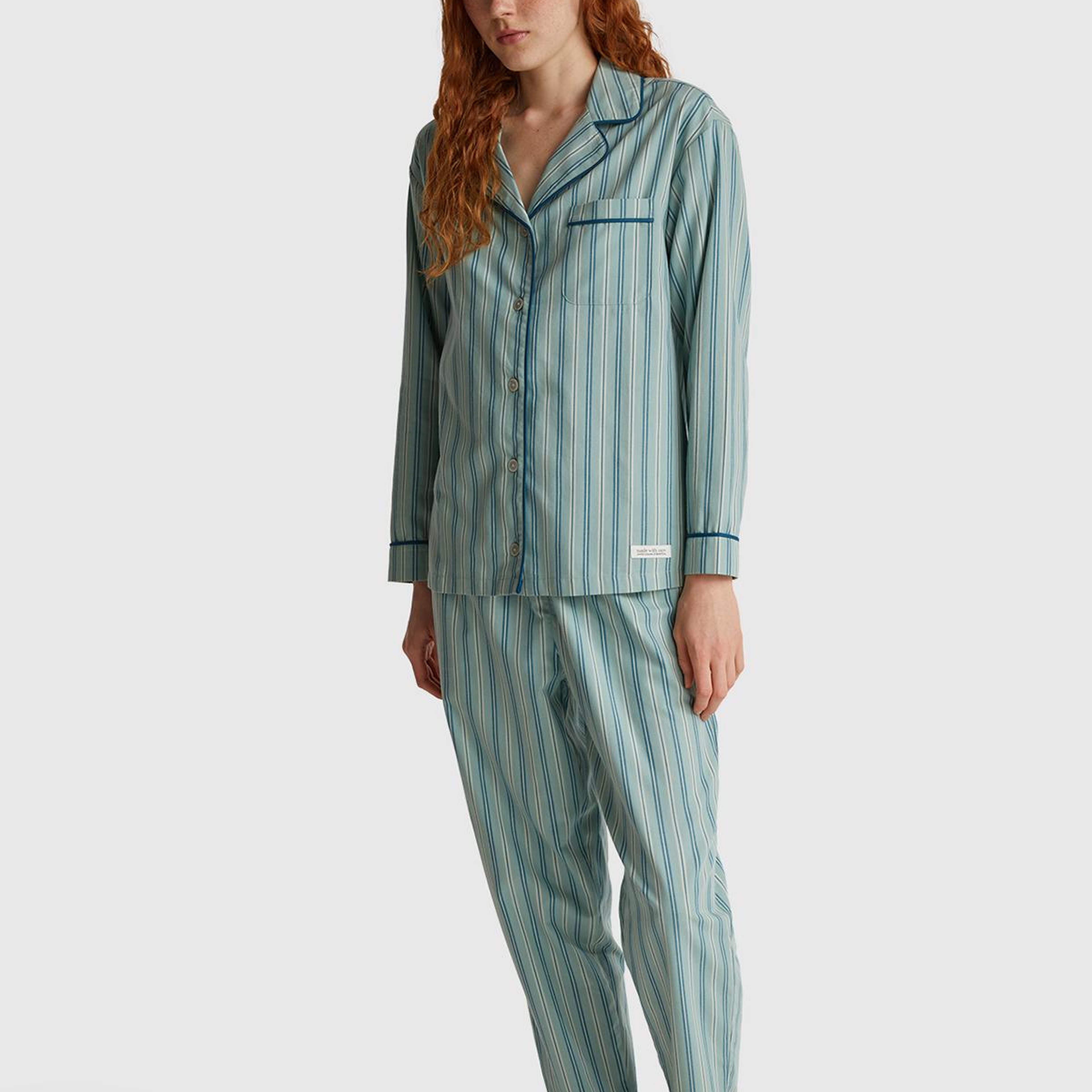 Kadın Turkuaz %100 Pamuk Kare Desenli Logolu Gömlek Yaka Pijama Üstü