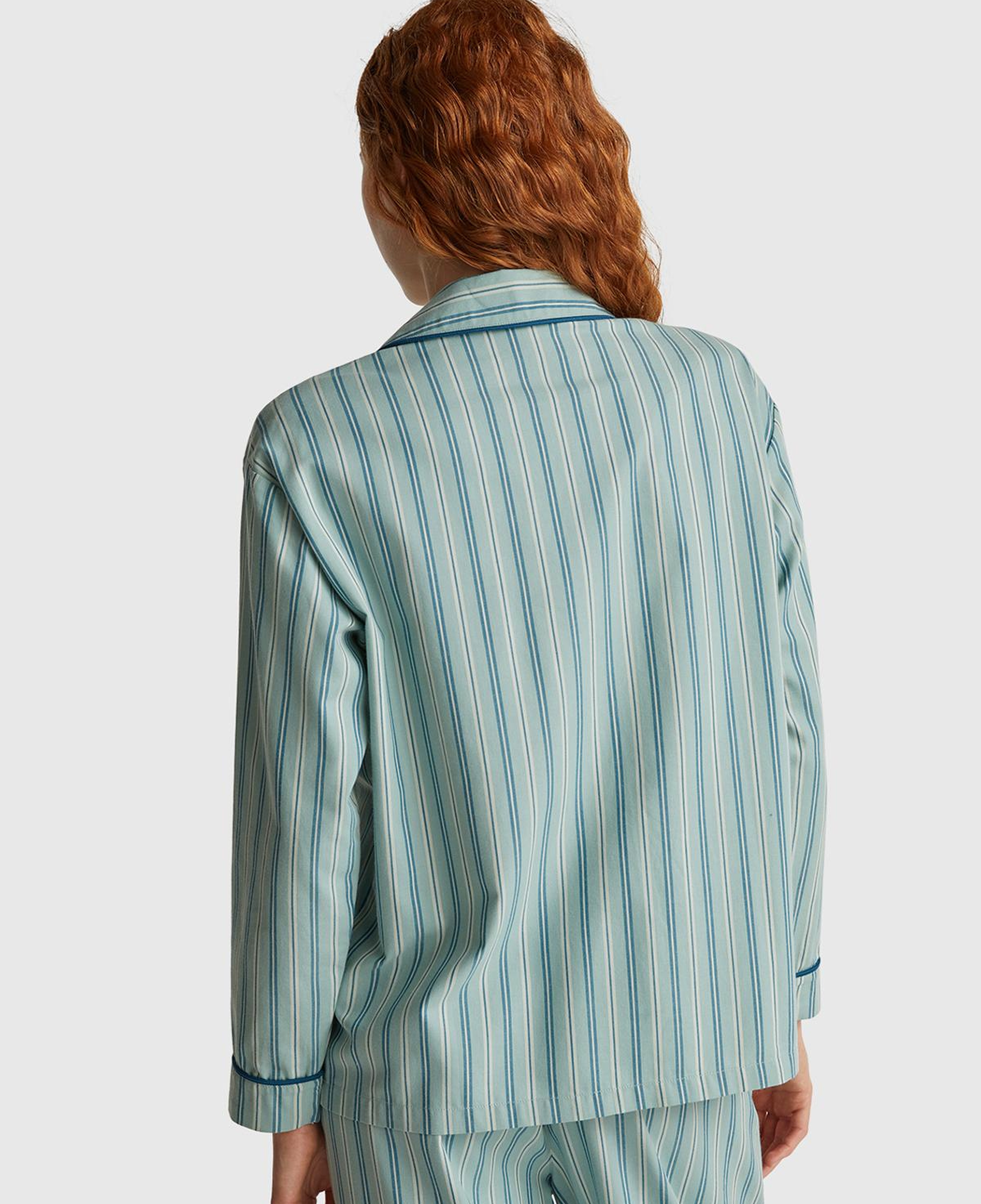 Kadın Turkuaz %100 Pamuk Kare Desenli Logolu Gömlek Yaka Pijama Üstü
