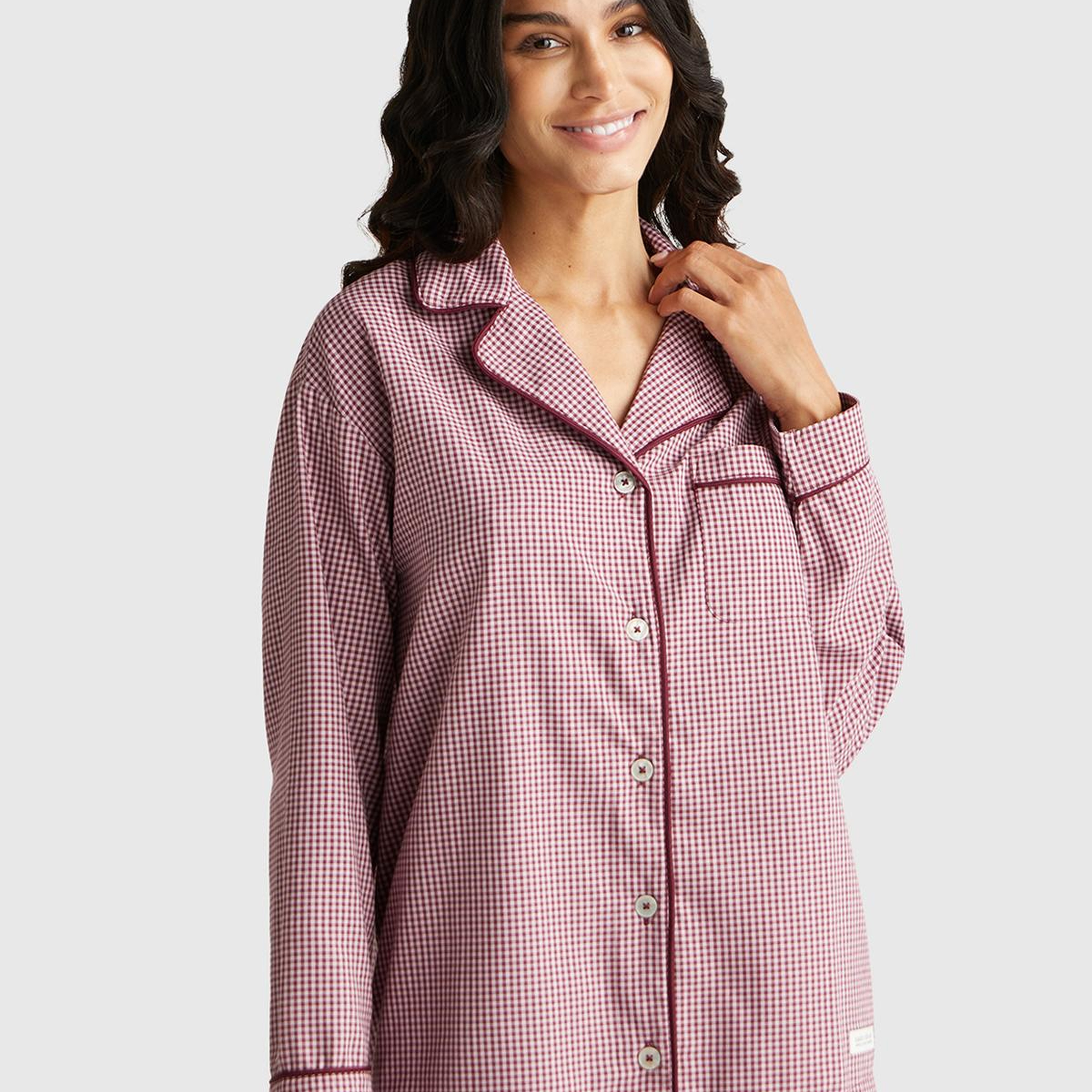 Kadın Mor %100 Pamuk Kare Desenli Logolu Gömlek Yaka Pijama Üstü