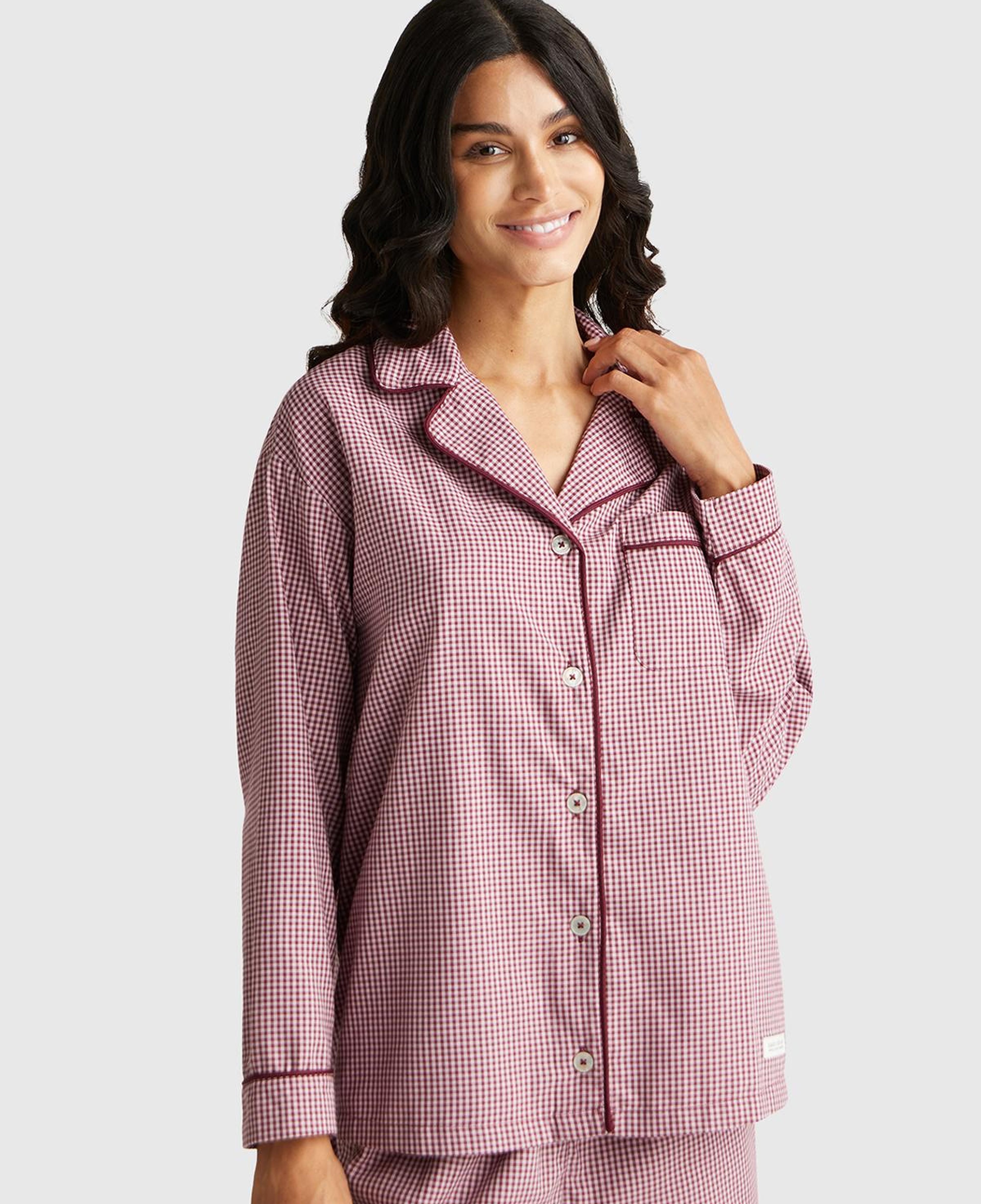 Kadın Mor %100 Pamuk Kare Desenli Logolu Gömlek Yaka Pijama Üstü
