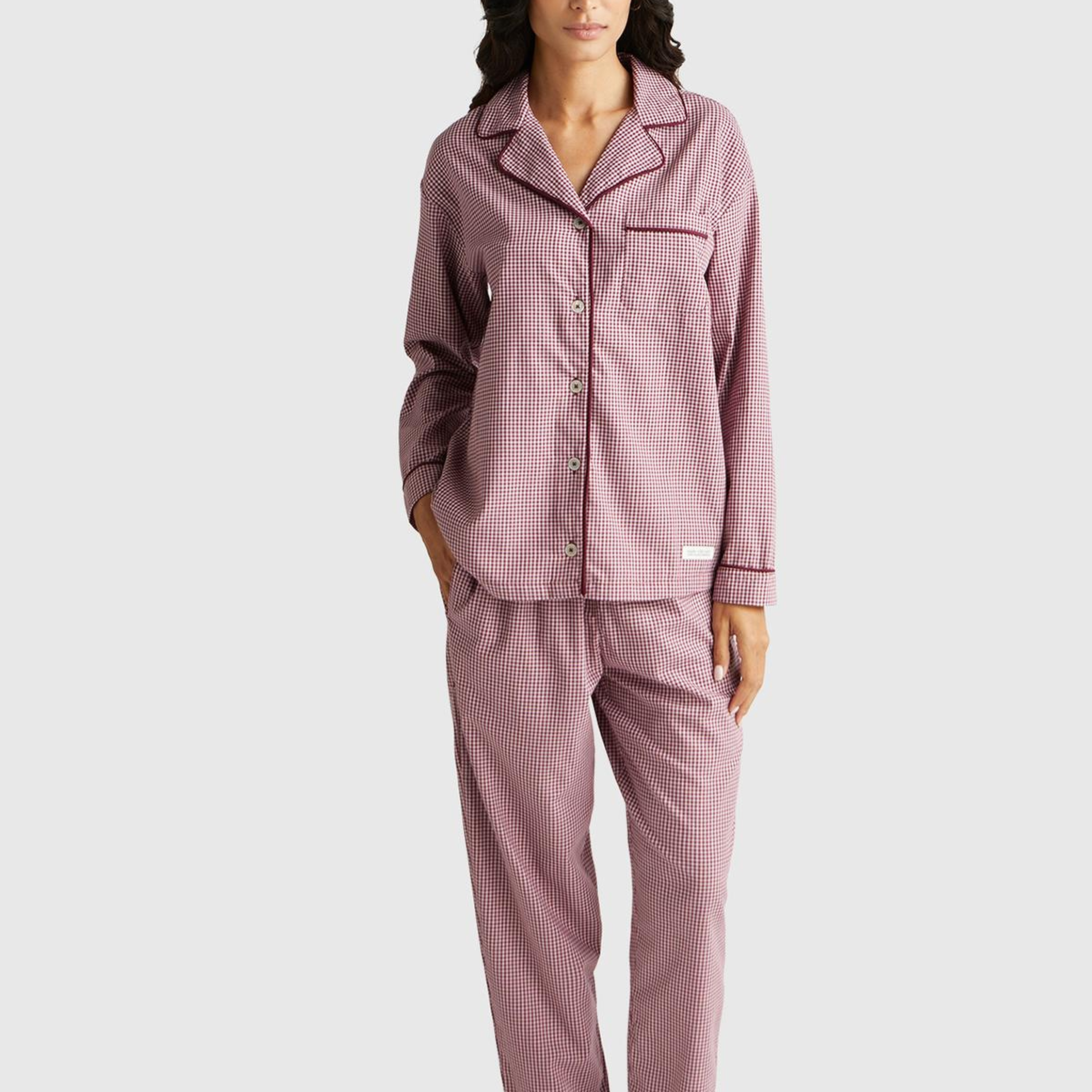 Kadın Mor %100 Pamuk Kare Desenli Logolu Gömlek Yaka Pijama Üstü