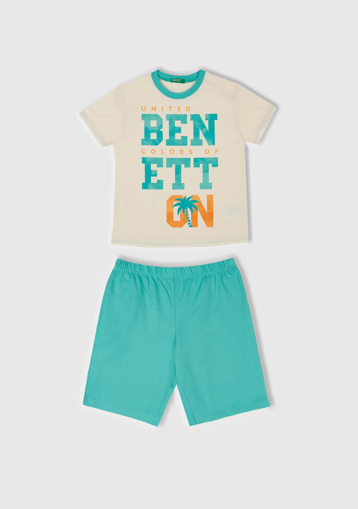 Erkek Çocuk Turkuaz Yazı Baskılı T-Shirt ve Şort Pijama Takım
