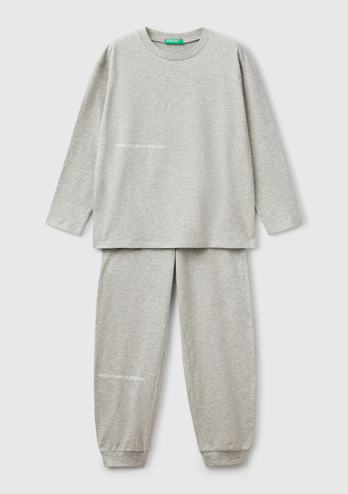 Erkek Çocuk Gri Melanj Logo Şeritli T-Shirt - Jogger Takım