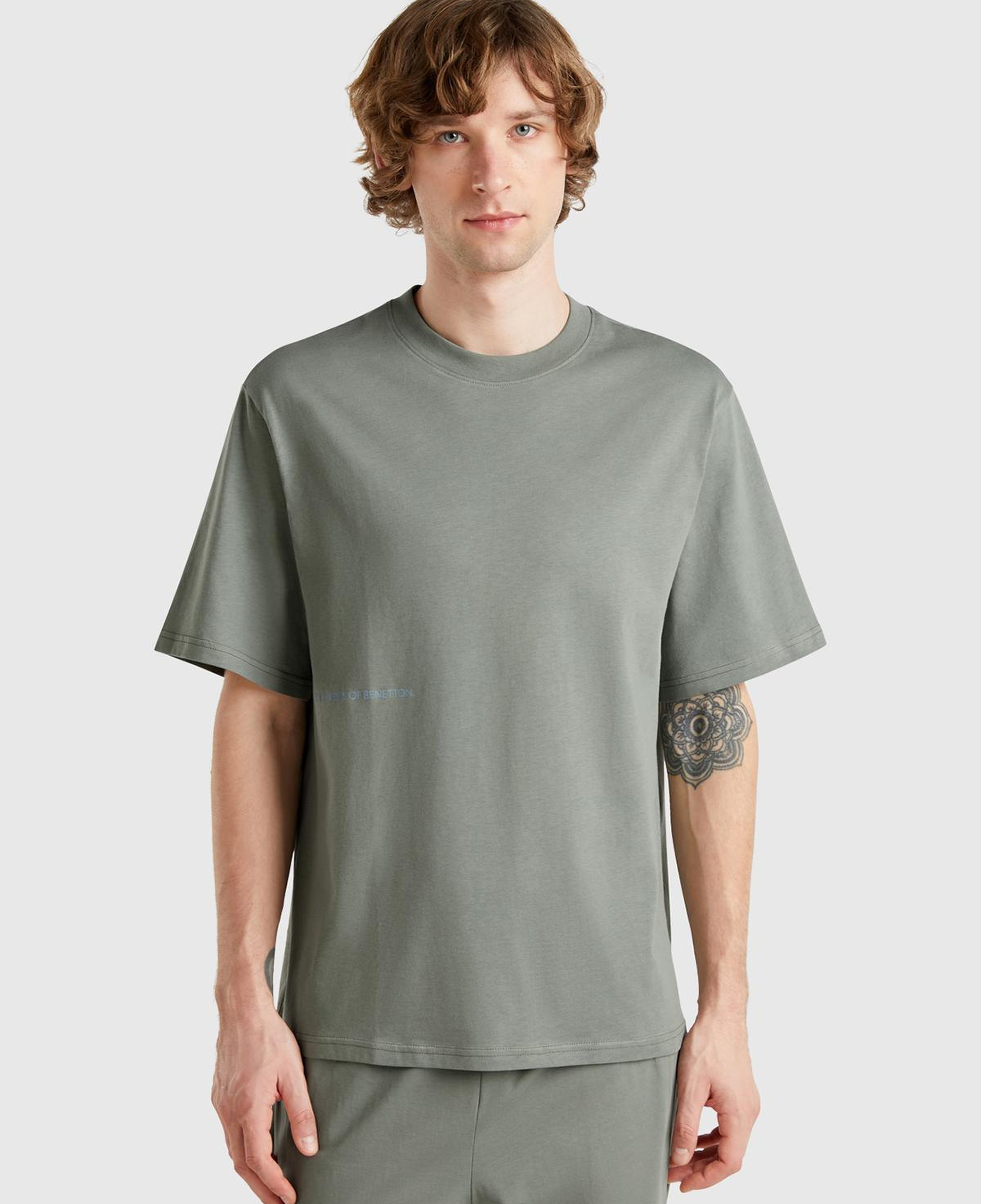 Erkek Soluk Yeşil %100 Koton Benetton Yazılı T-Shirt