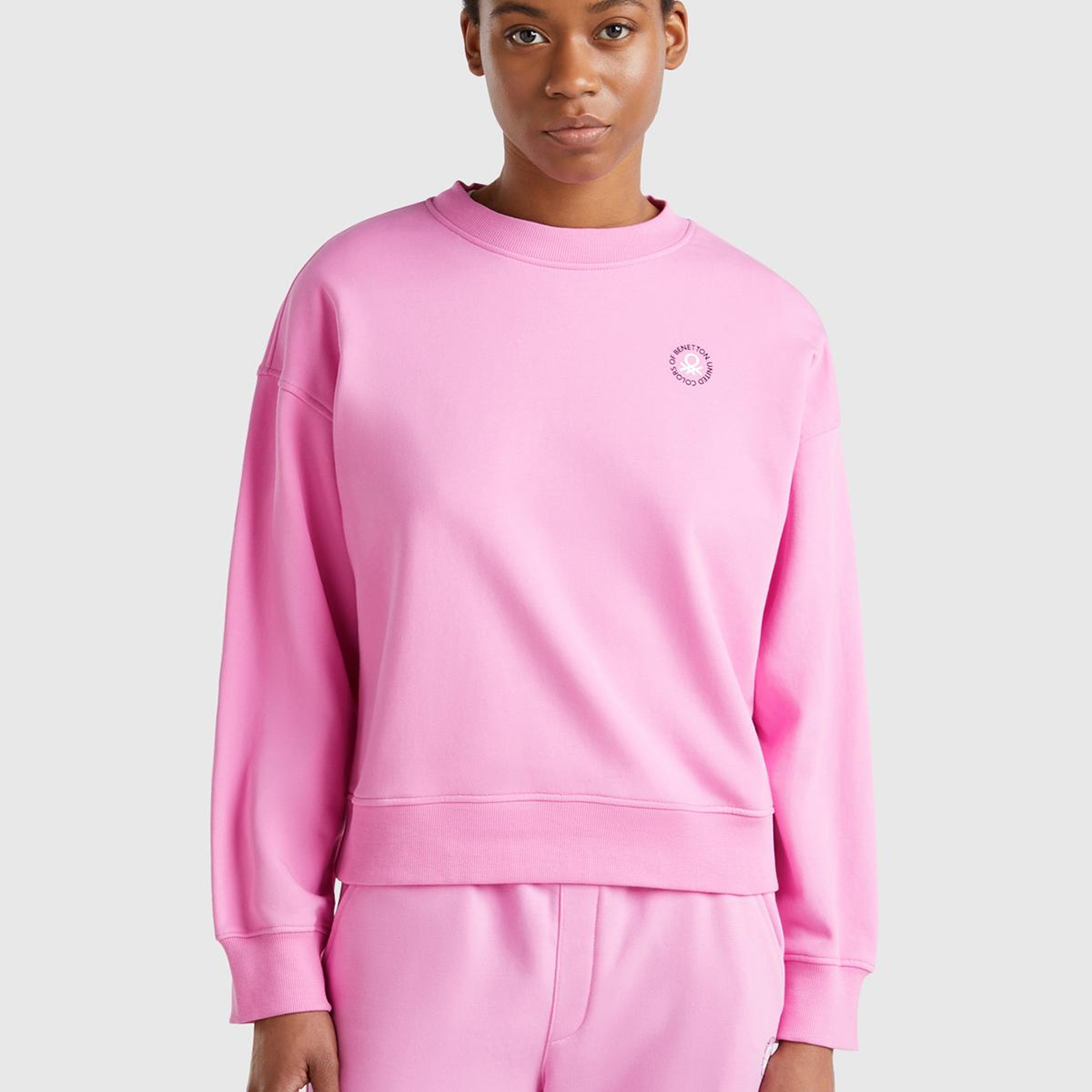 Kadın Pembe Pamuk Karışımlı Logo Baskılı Bisiklet Yaka Sweatshirt