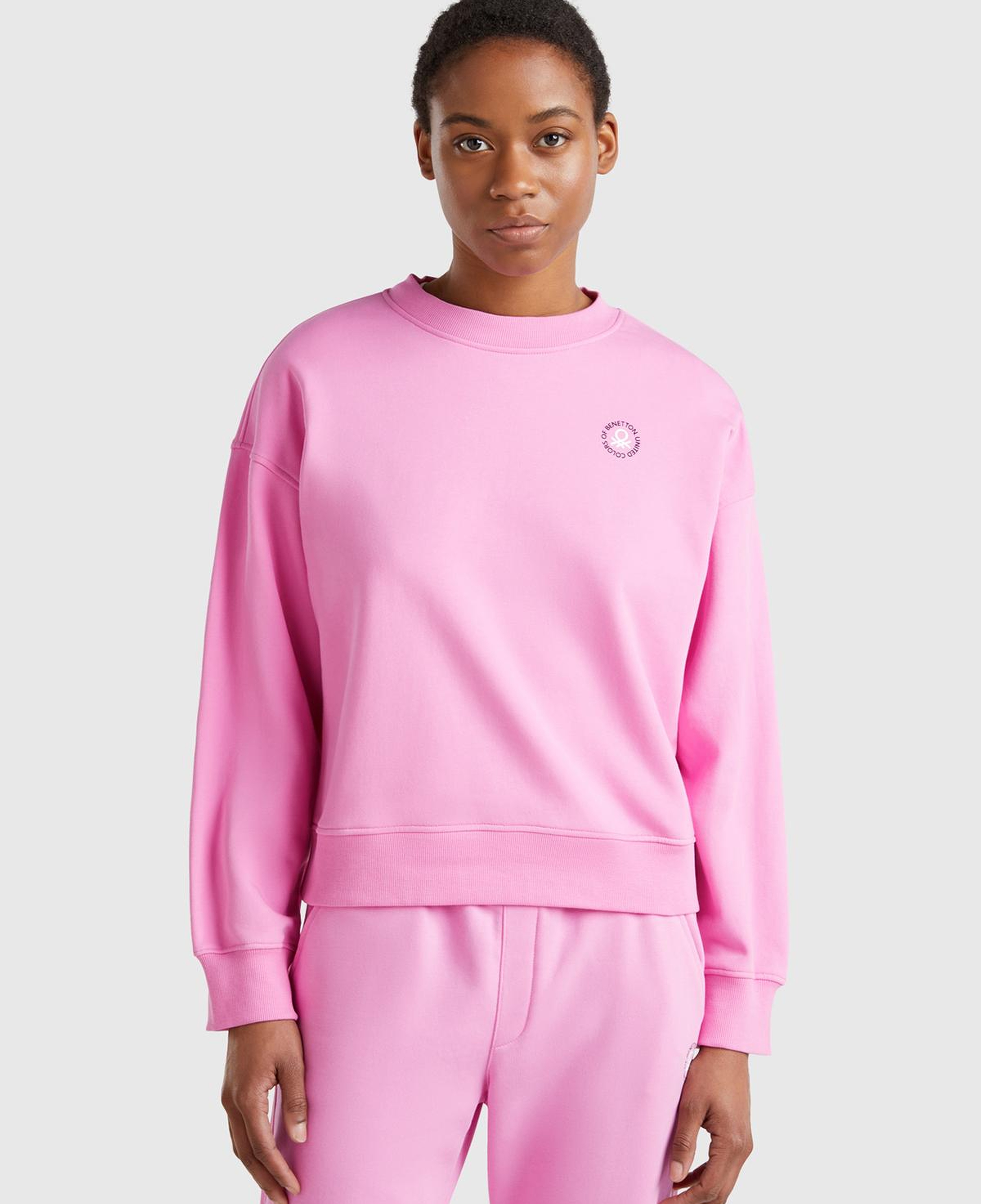 Kadın Pembe Pamuk Karışımlı Logo Baskılı Bisiklet Yaka Sweatshirt