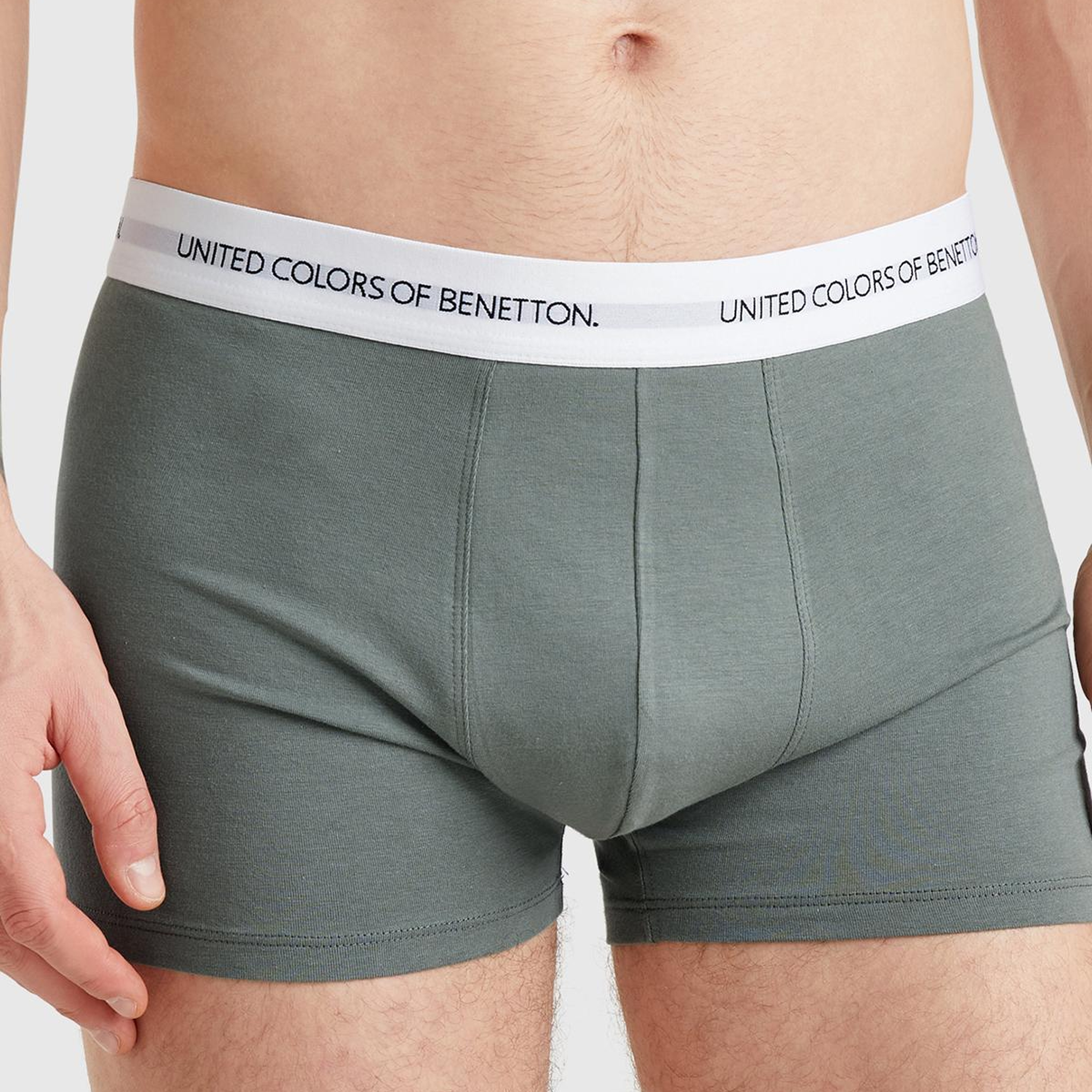 Erkek Soluk Yeşil Benetton Yazı Şeritli Koton Boxer