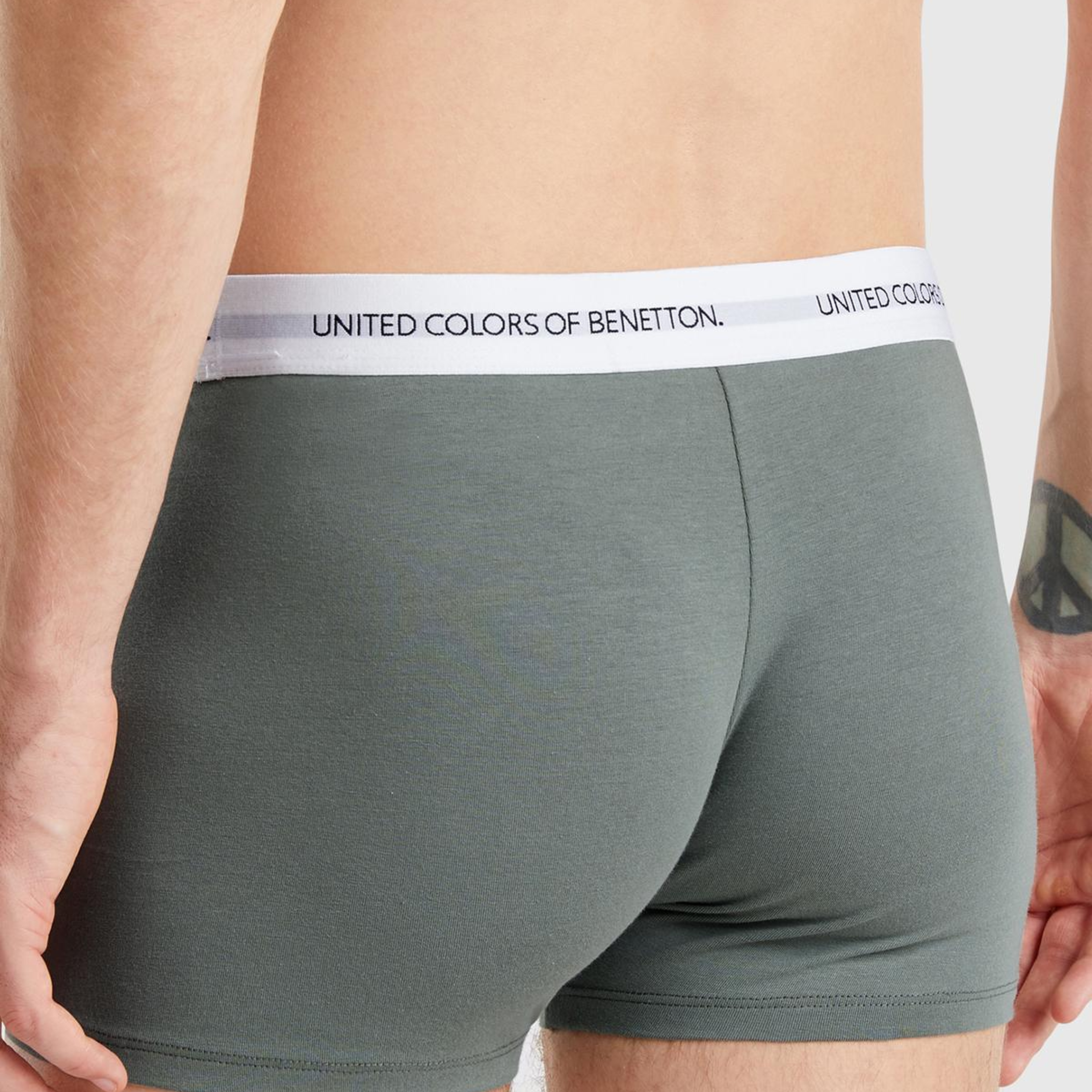 Erkek Soluk Yeşil Benetton Yazı Şeritli Koton Boxer