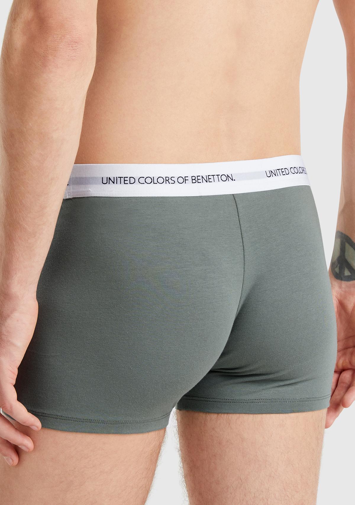Erkek Soluk Yeşil Benetton Yazı Şeritli Koton Boxer