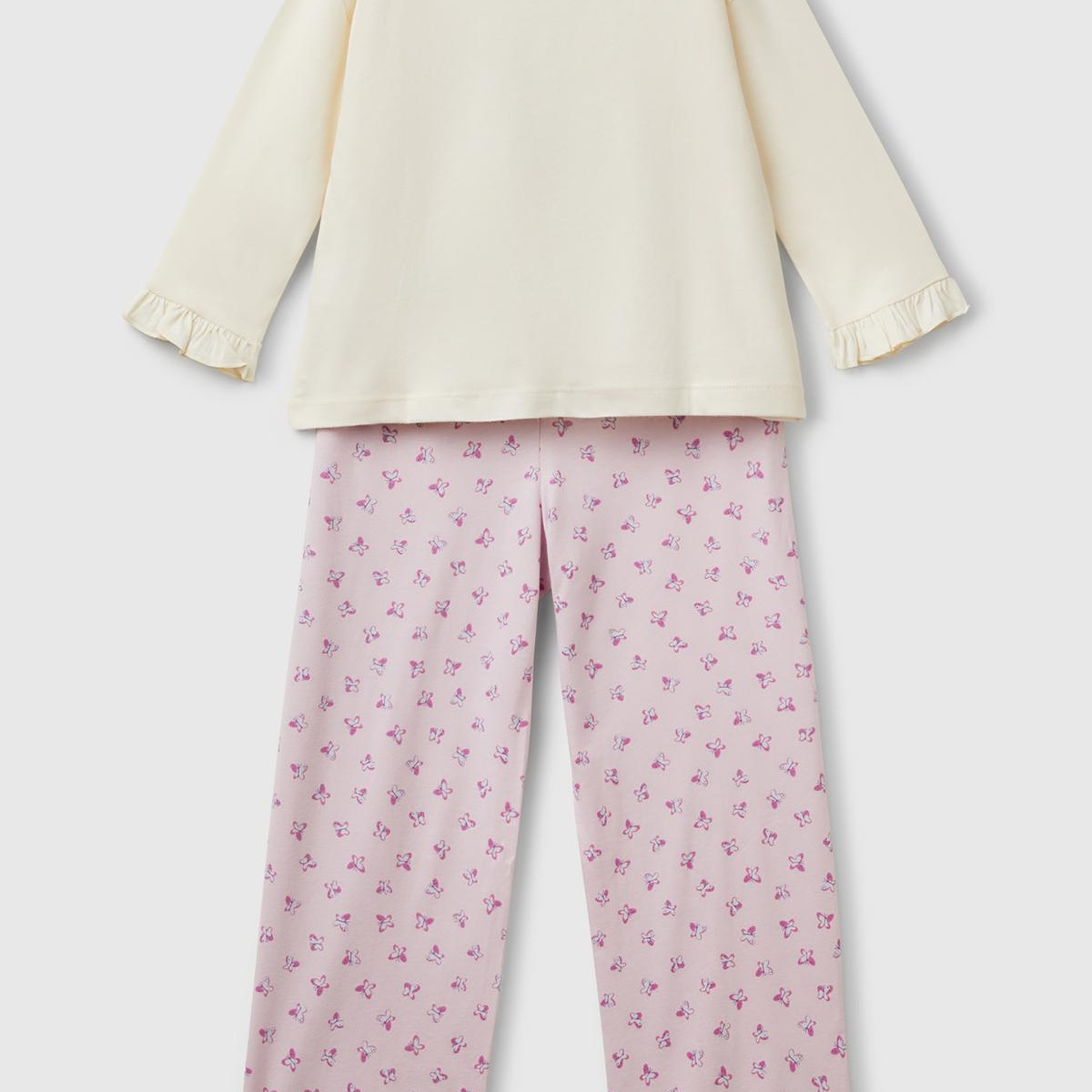 Kız Çocuk Pembe Baskılı Kolları Fırfırlı Üst ve Desenli Alt Pijama Takımı