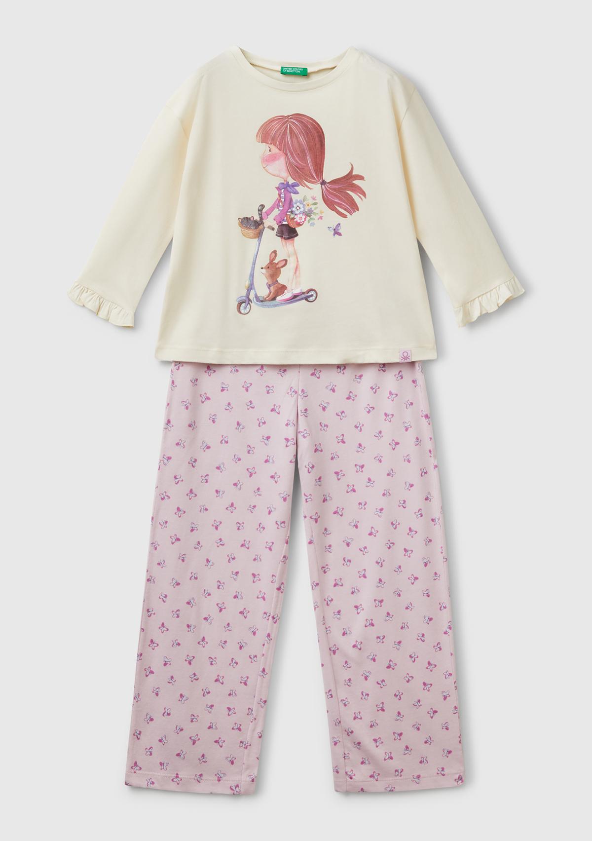 Kız Çocuk Pembe Baskılı Kolları Fırfırlı Üst ve Desenli Alt Pijama Takımı