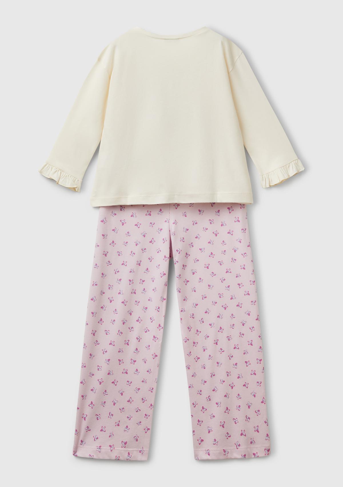 Kız Çocuk Pembe Baskılı Kolları Fırfırlı Üst ve Desenli Alt Pijama Takımı