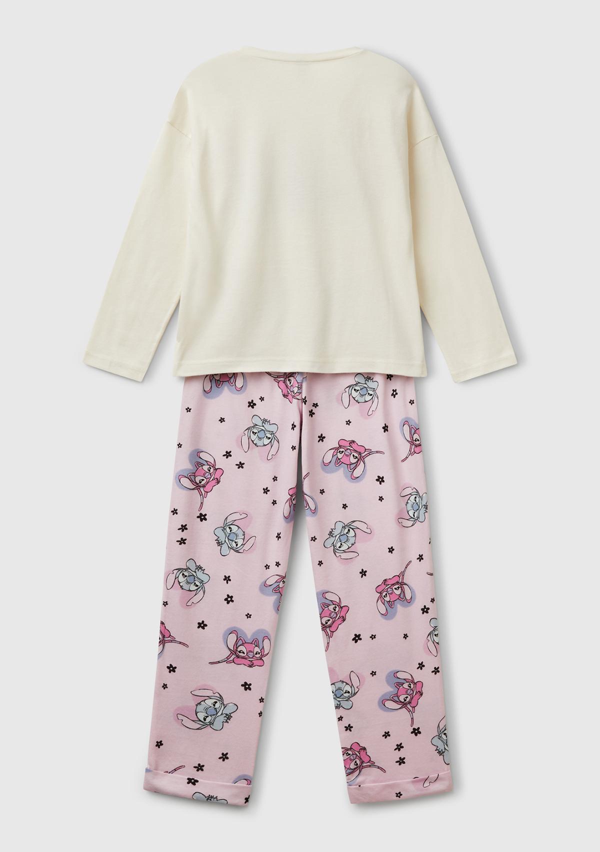 Kız Çocuk Pembe Baskılı Üst ve Desenli Beli Lastikli Alt Pijama Takımı