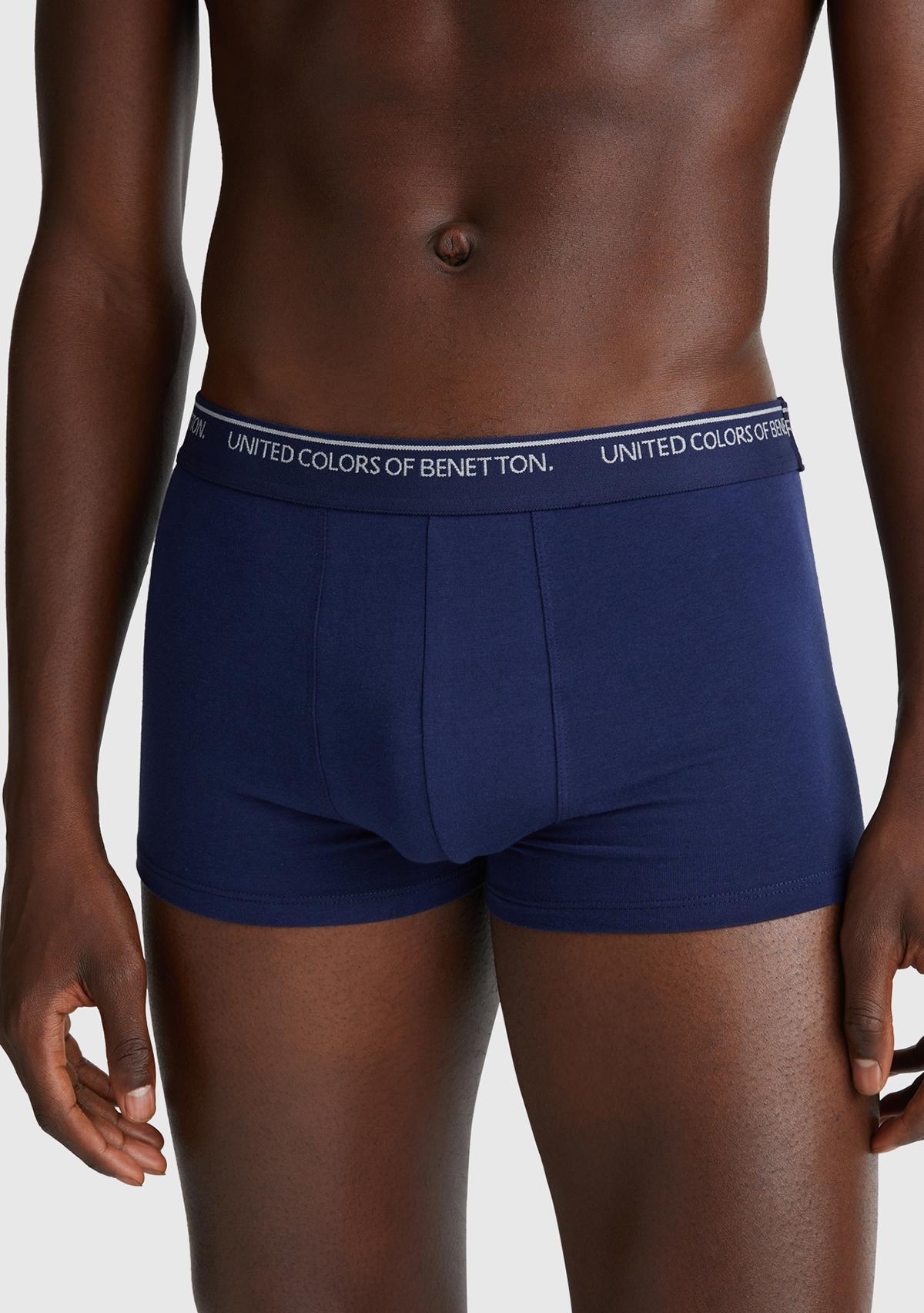 Erkek Lacivert Pamuk Karışımlı Beli Logo Baskılı Tek Renk Boxer
