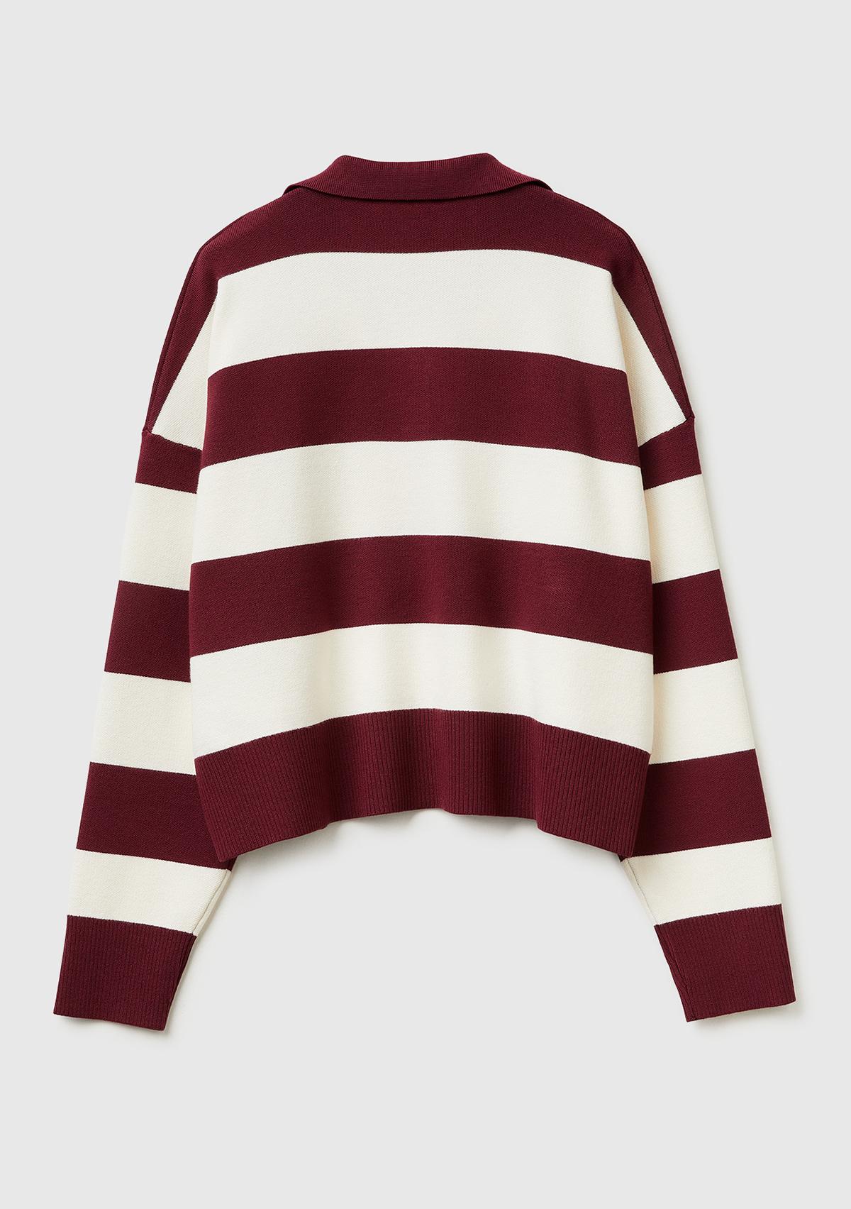 Kadın Bordo Viskoz Karışımlı Çizgili Boxy Fit Polo Yaka Kazak