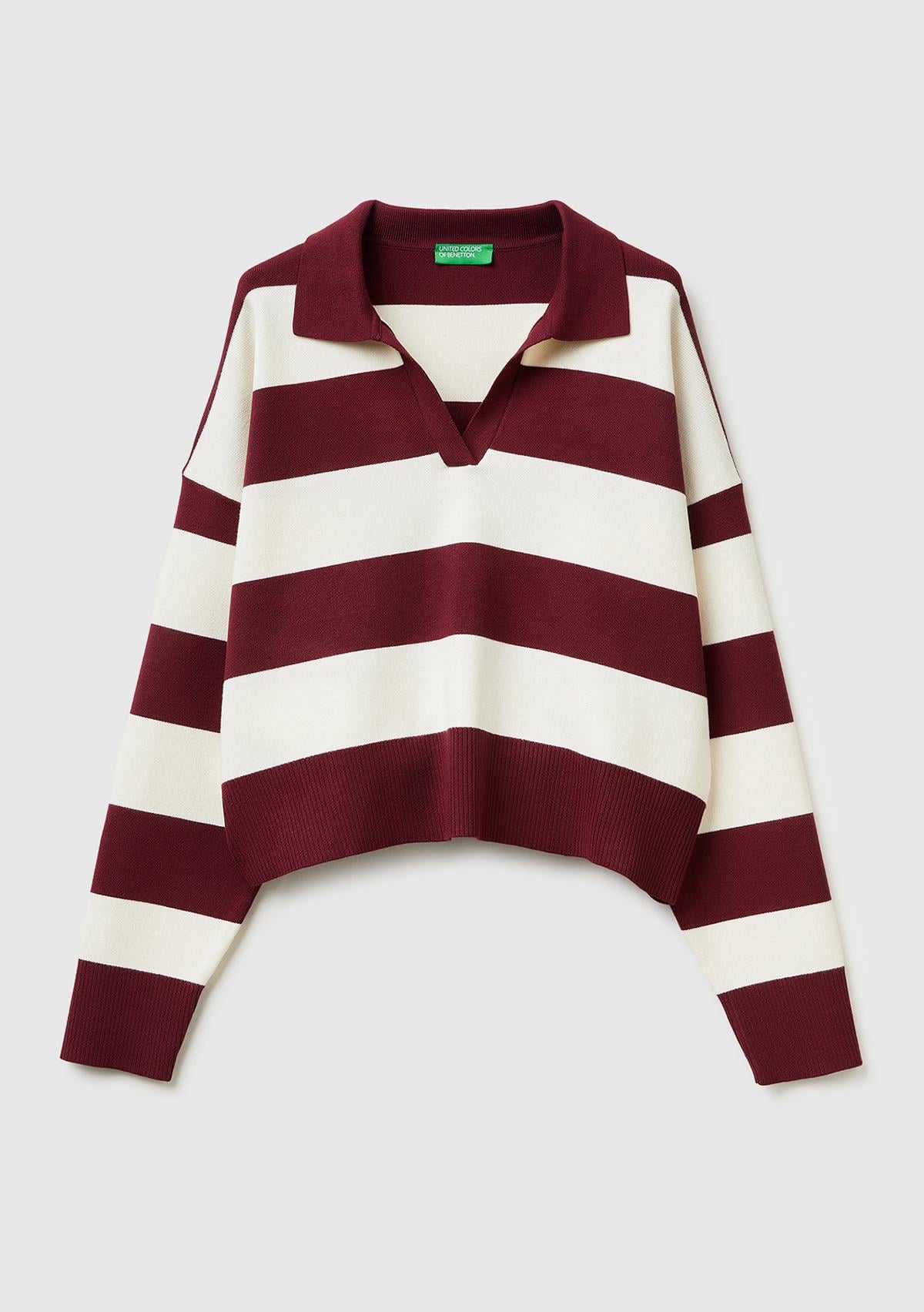 Kadın Bordo Viskoz Karışımlı Çizgili Boxy Fit Polo Yaka Kazak