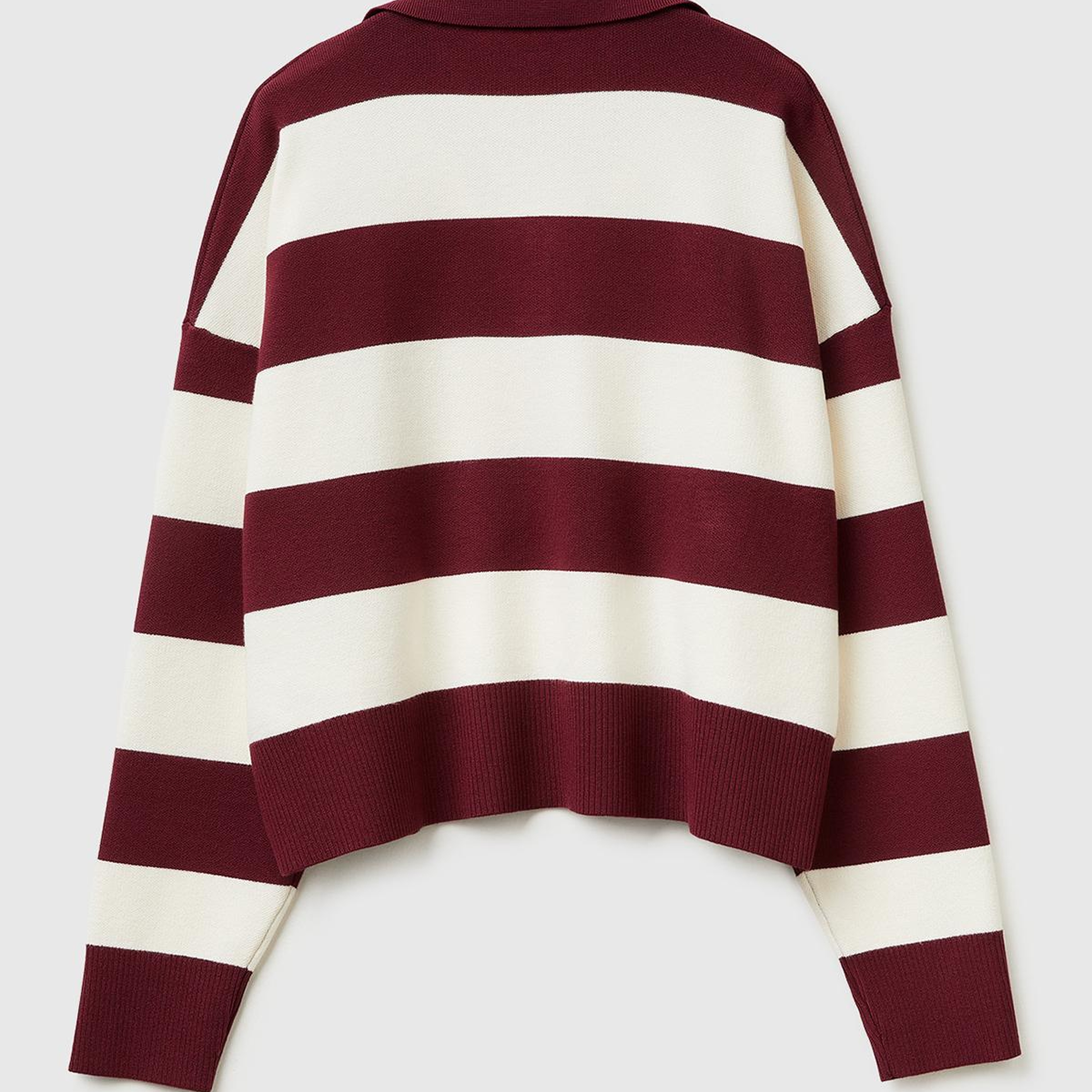 Kadın Bordo Viskoz Karışımlı Çizgili Boxy Fit Polo Yaka Kazak