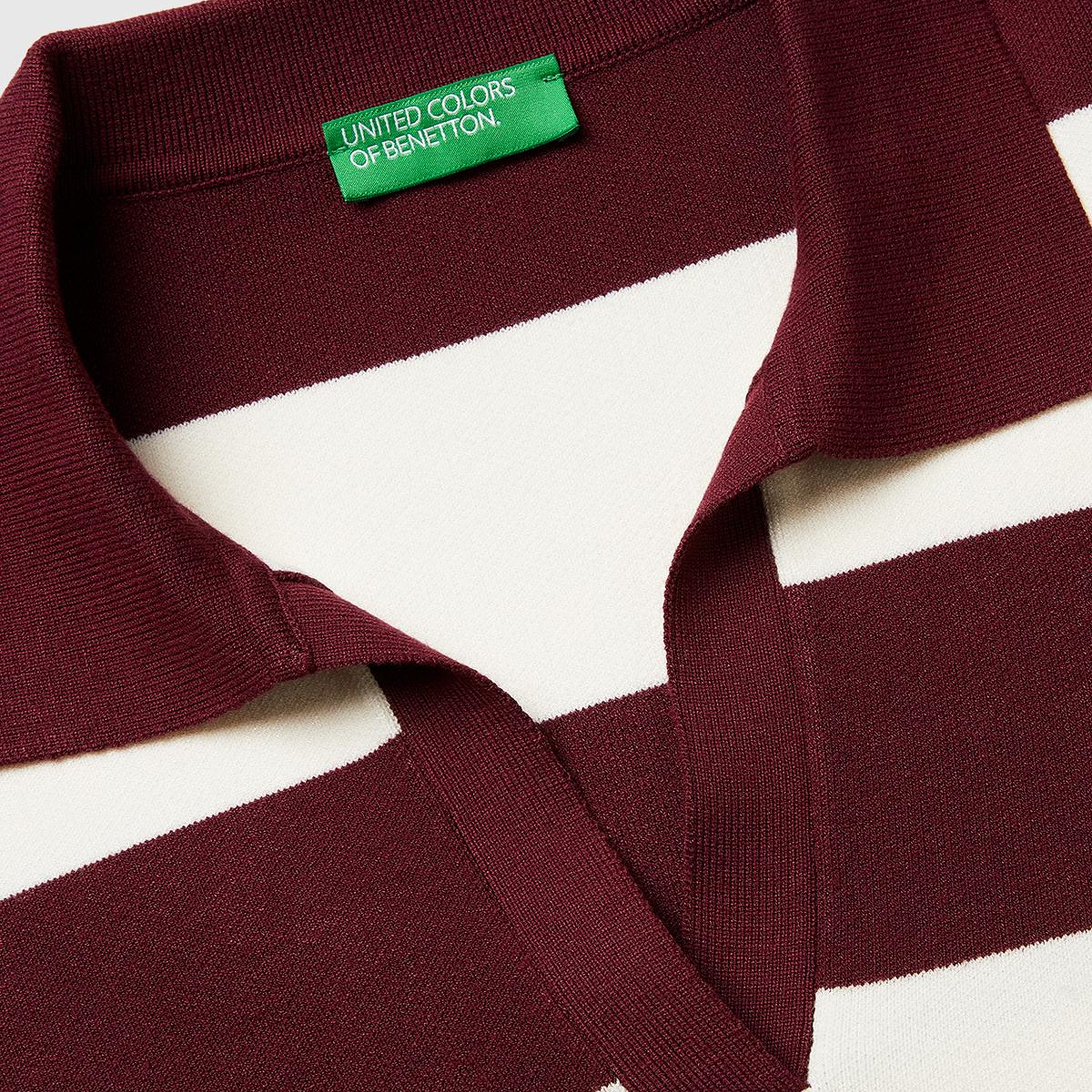 Kadın Bordo Viskoz Karışımlı Çizgili Boxy Fit Polo Yaka Kazak