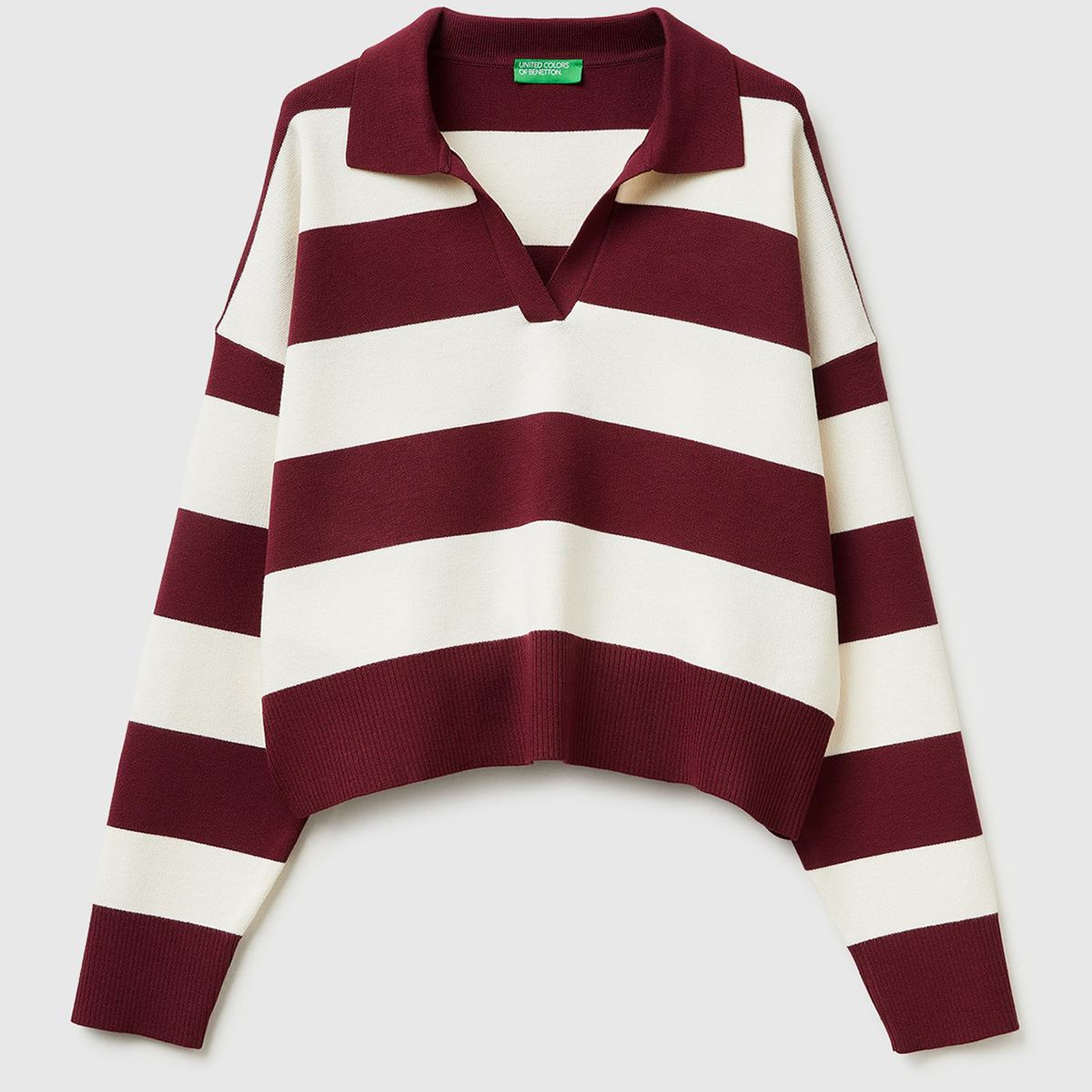 Kadın Bordo Viskoz Karışımlı Çizgili Boxy Fit Polo Yaka Kazak