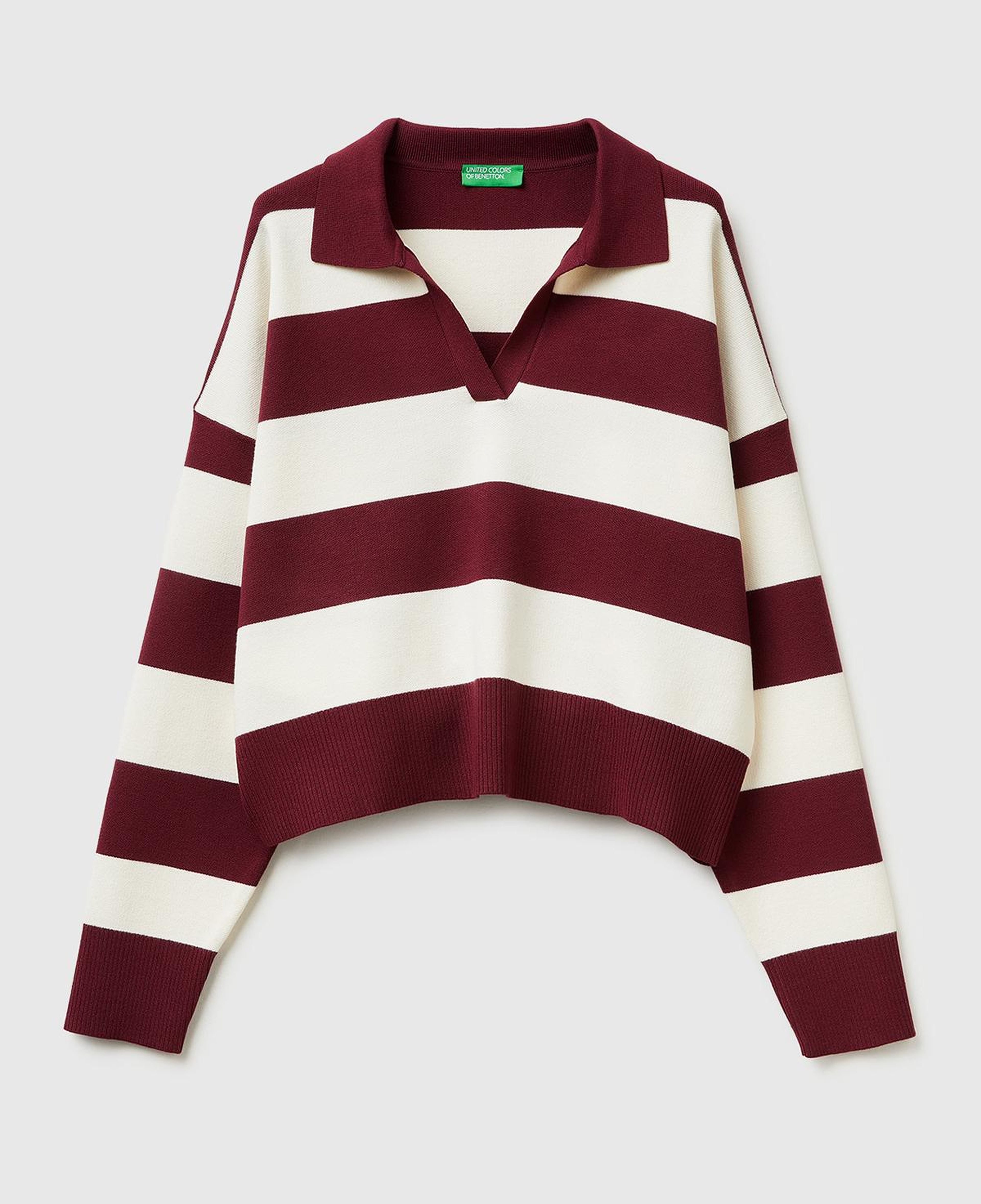 Kadın Bordo Viskoz Karışımlı Çizgili Boxy Fit Polo Yaka Kazak