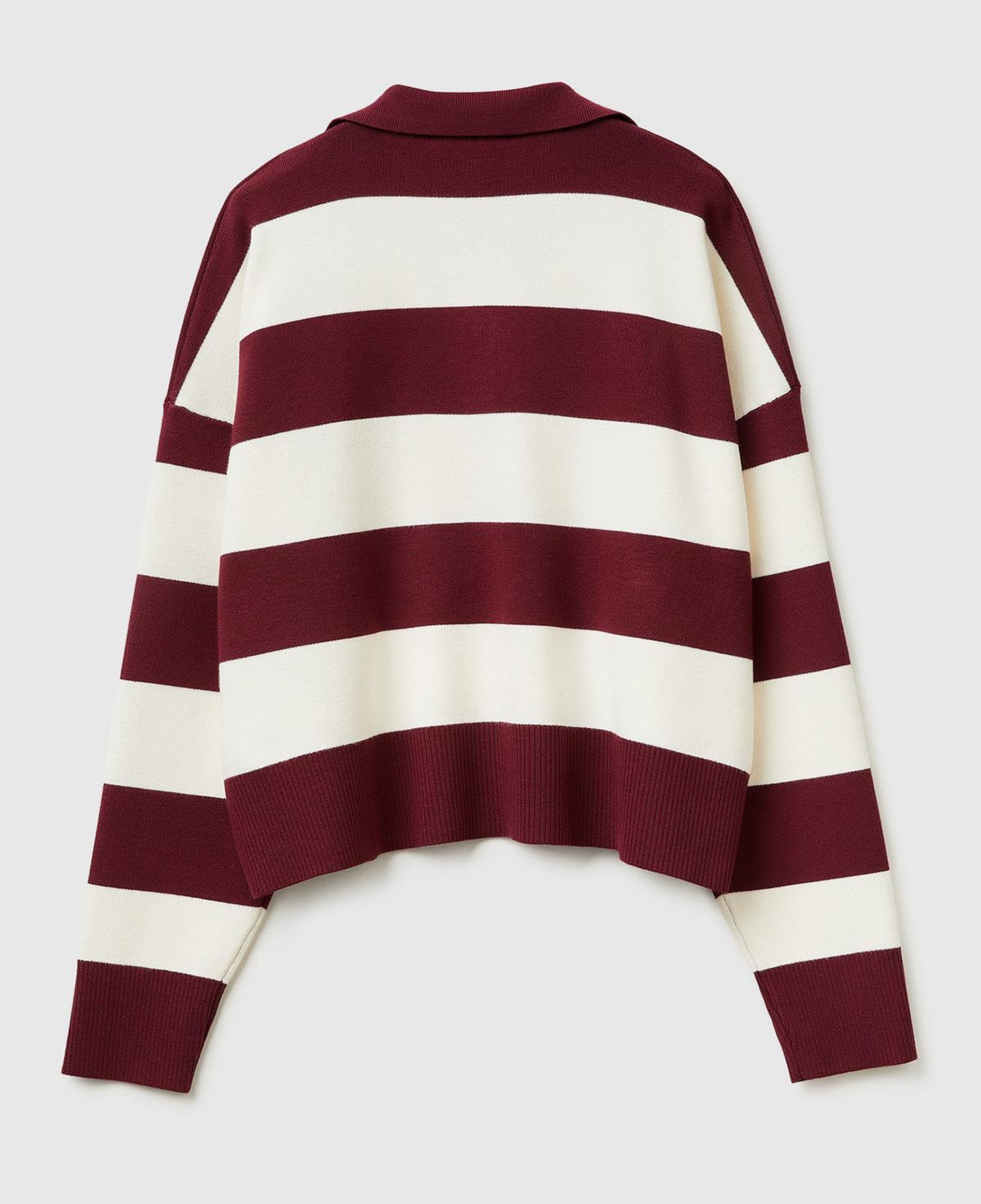 Kadın Bordo Viskoz Karışımlı Çizgili Boxy Fit Polo Yaka Kazak
