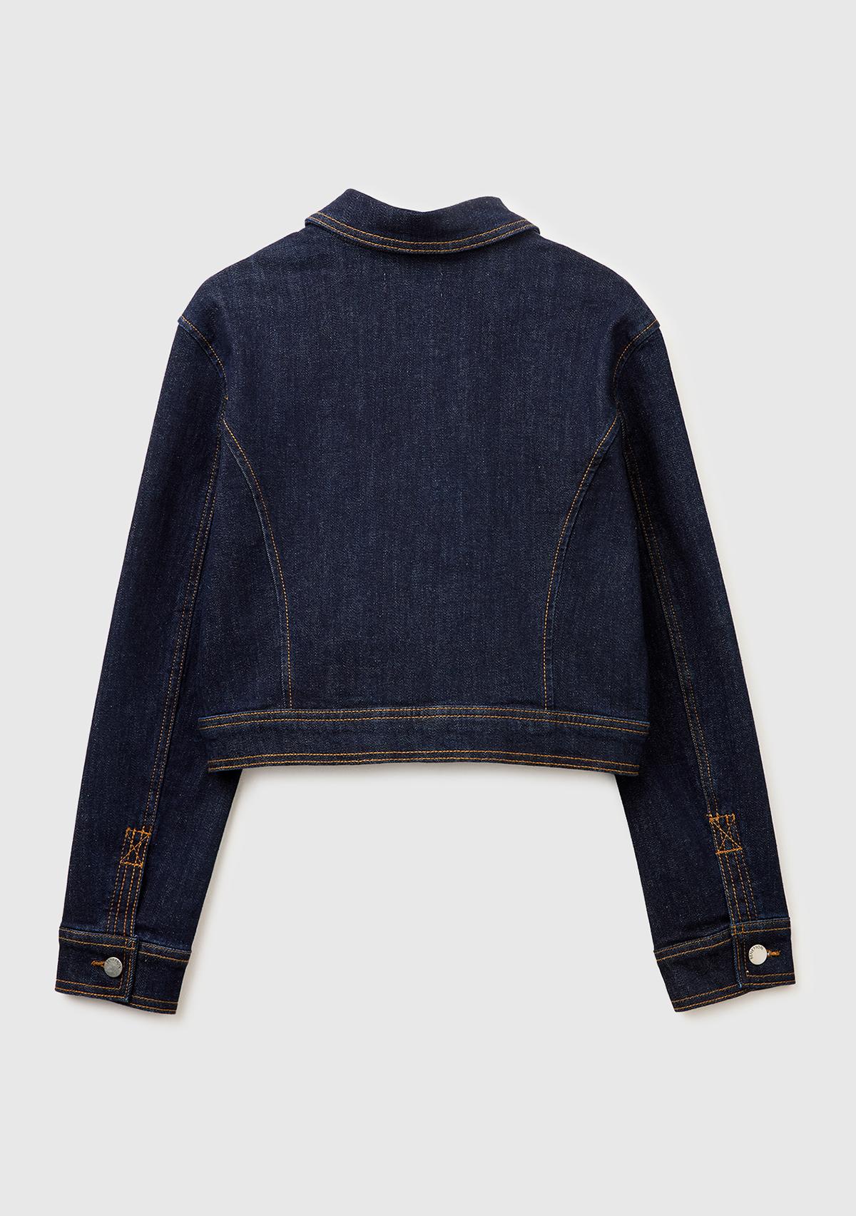 Kadın Lacivert Pamuk Karışımlı Fermuarlı Yamalı Cepli Denim Ceket