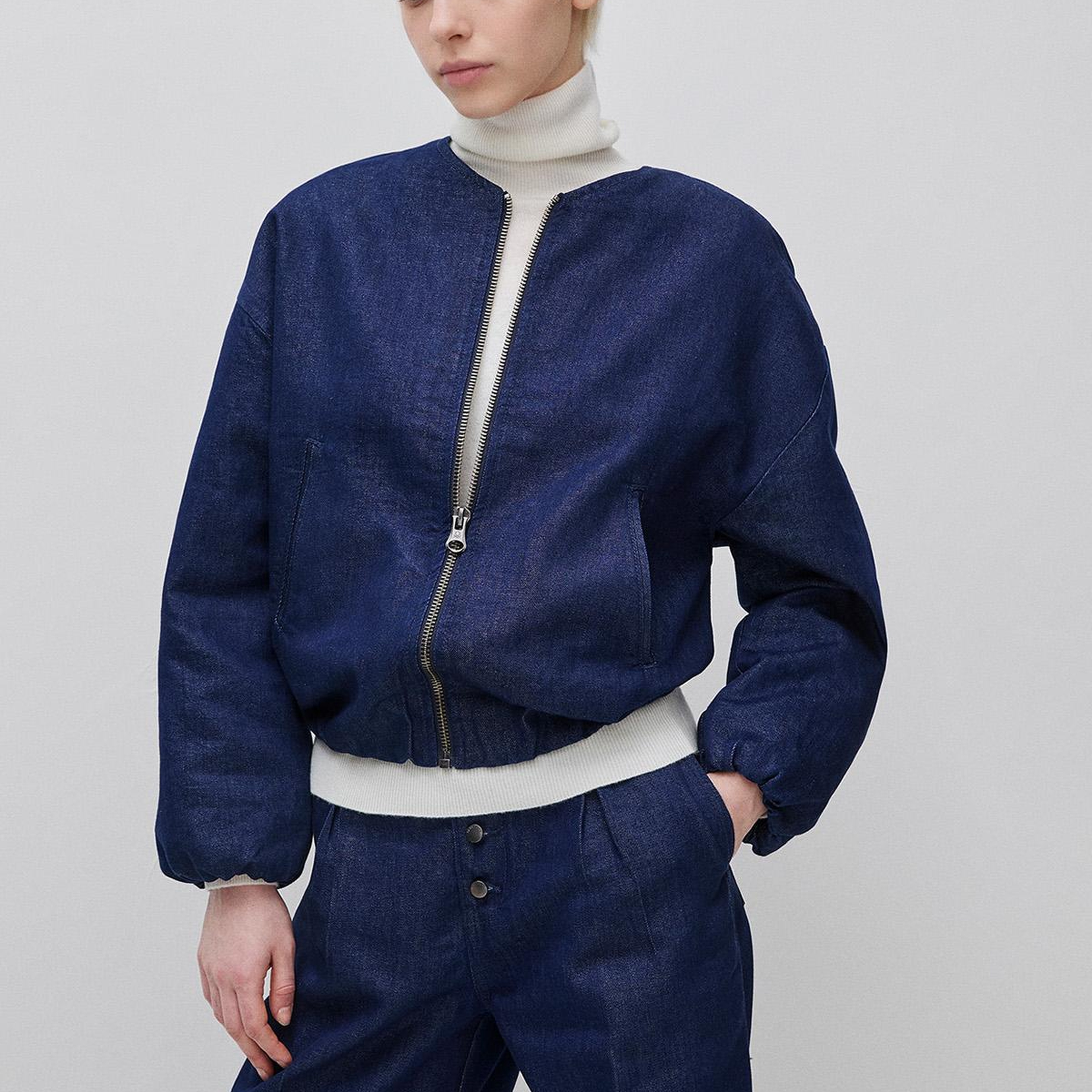 Kadın Lacivert Pamuk Karışımlı Büzgülü Oversize Denim Bomber Ceket