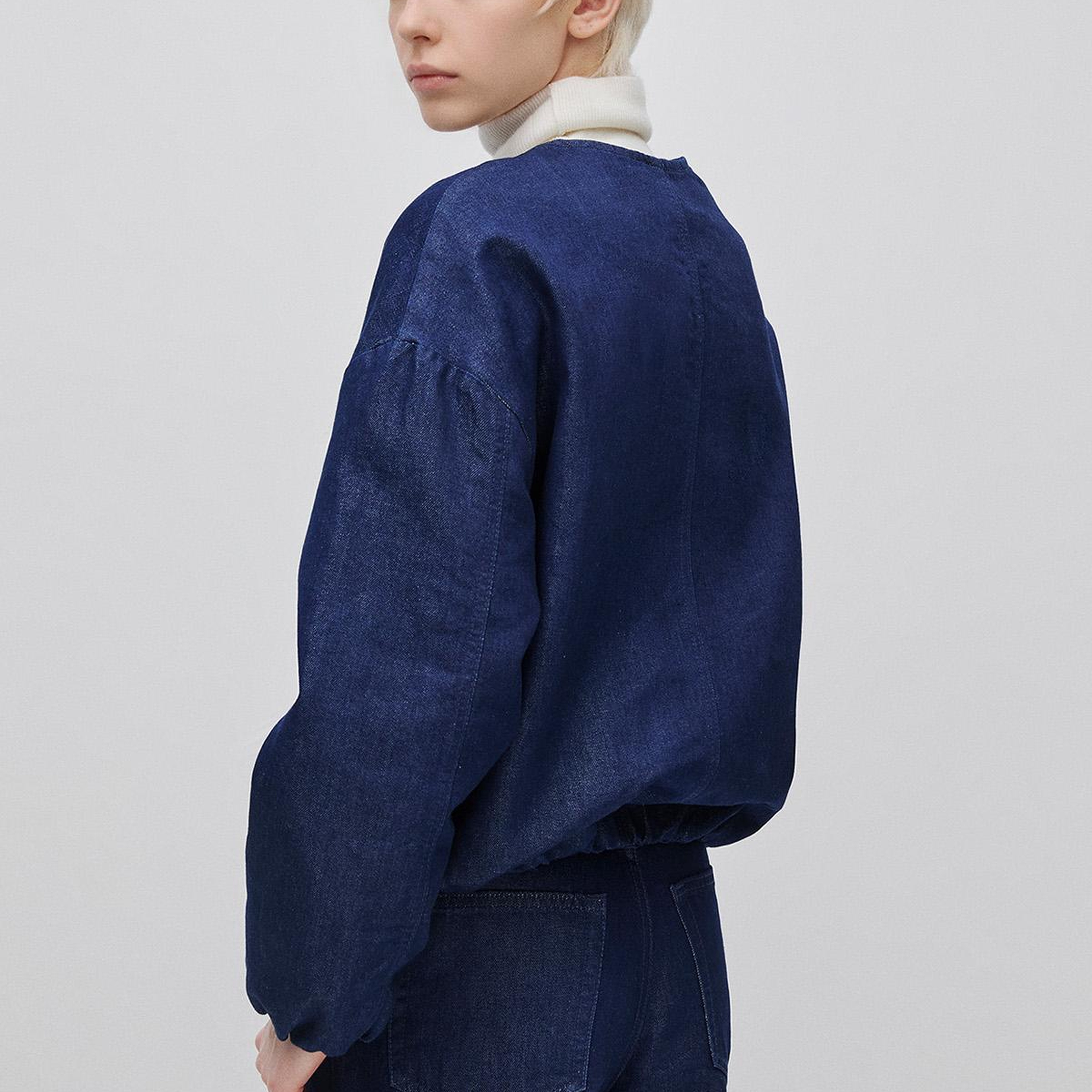 Kadın Lacivert Pamuk Karışımlı Büzgülü Oversize Denim Bomber Ceket