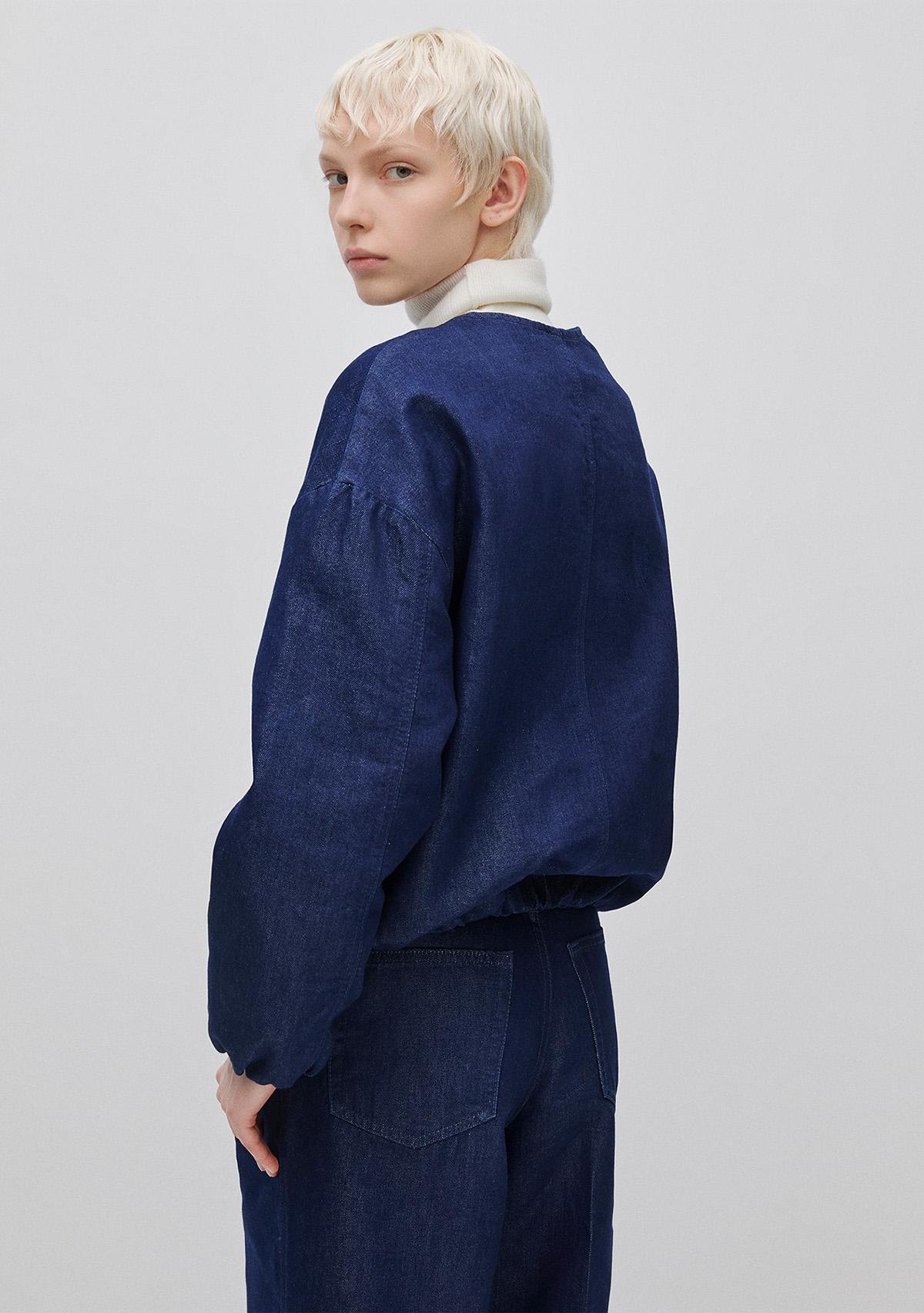 Kadın Lacivert Pamuk Karışımlı Büzgülü Oversize Denim Bomber Ceket