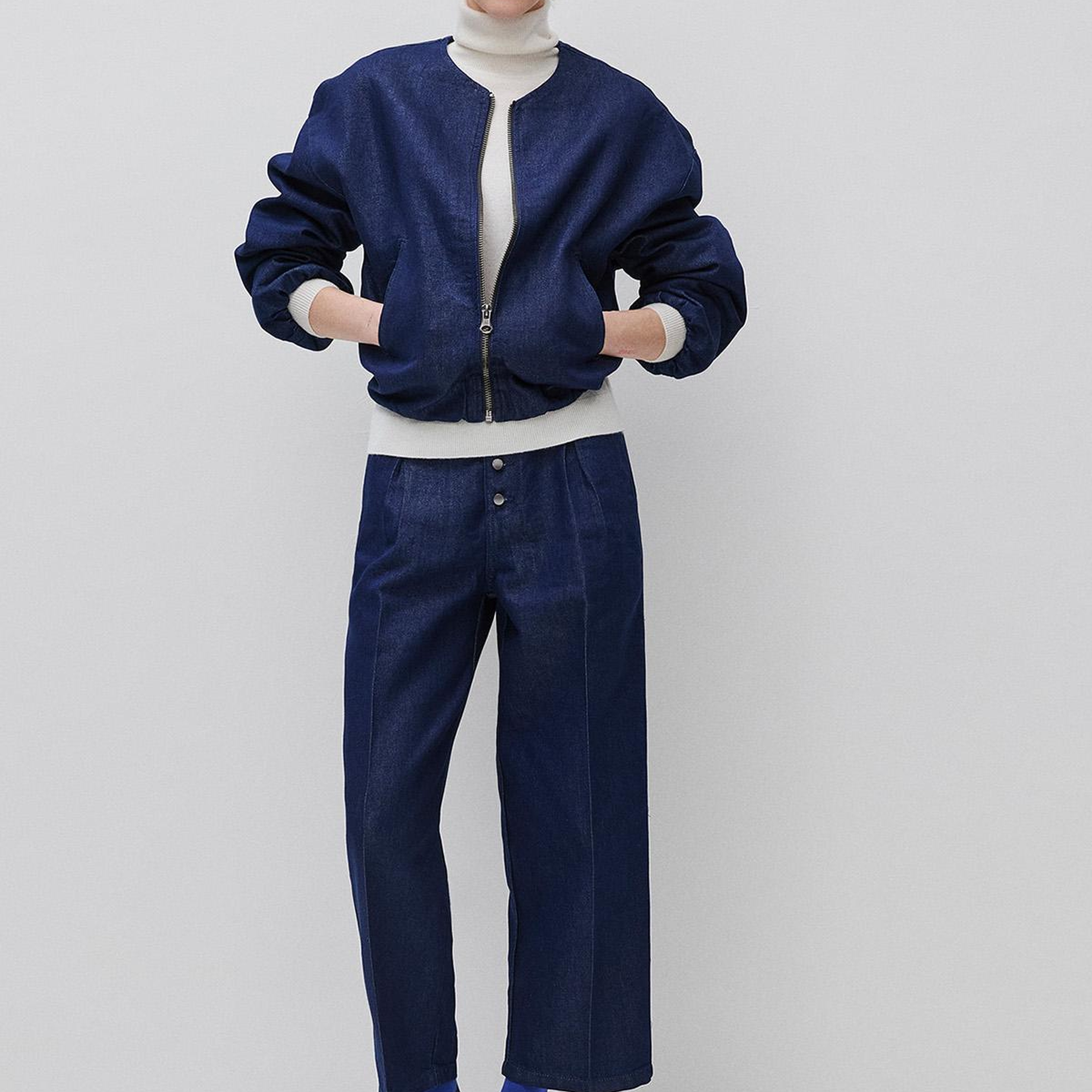 Kadın Lacivert Pamuk Karışımlı Büzgülü Oversize Denim Bomber Ceket