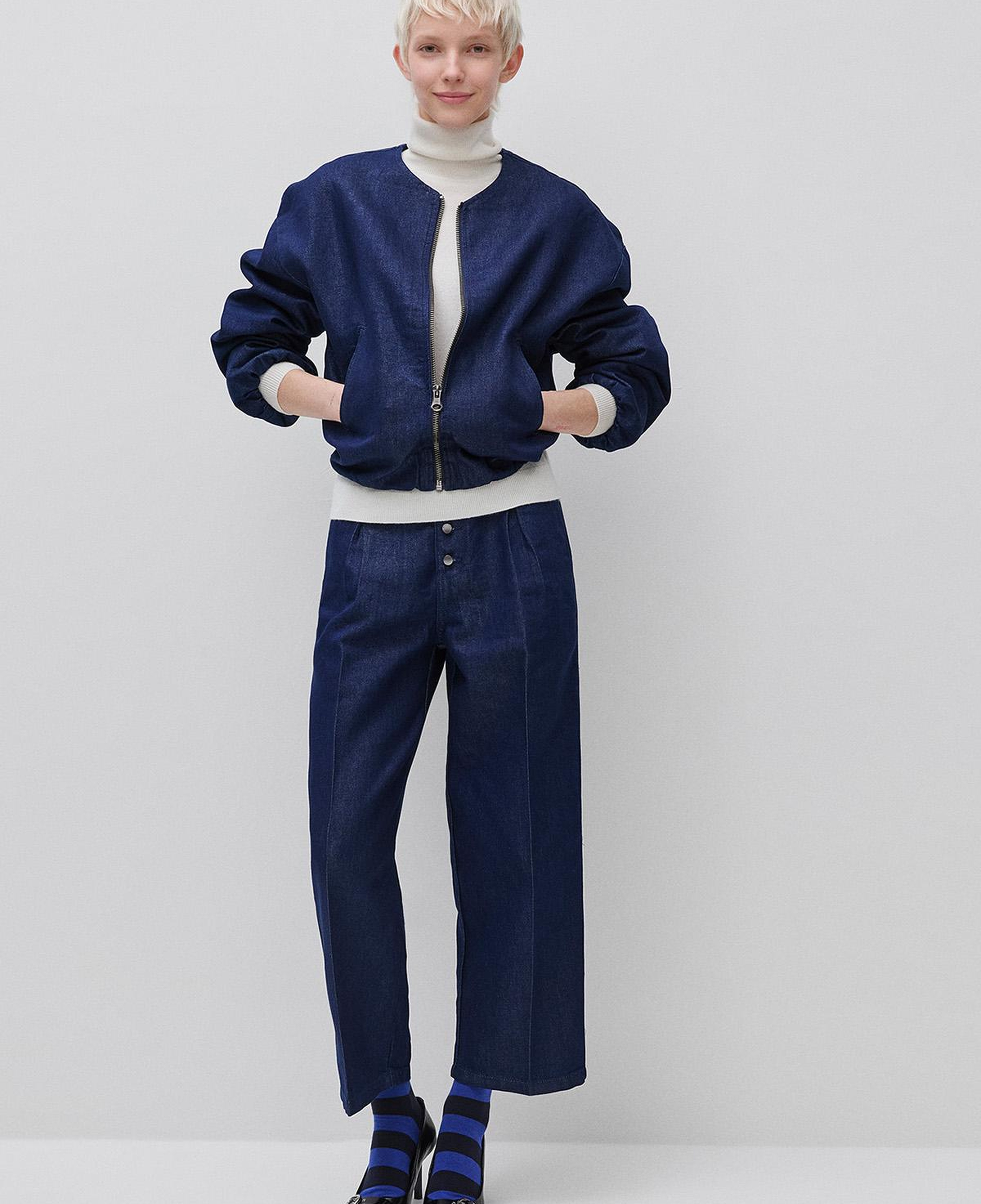 Kadın Lacivert Pamuk Karışımlı Büzgülü Oversize Denim Bomber Ceket