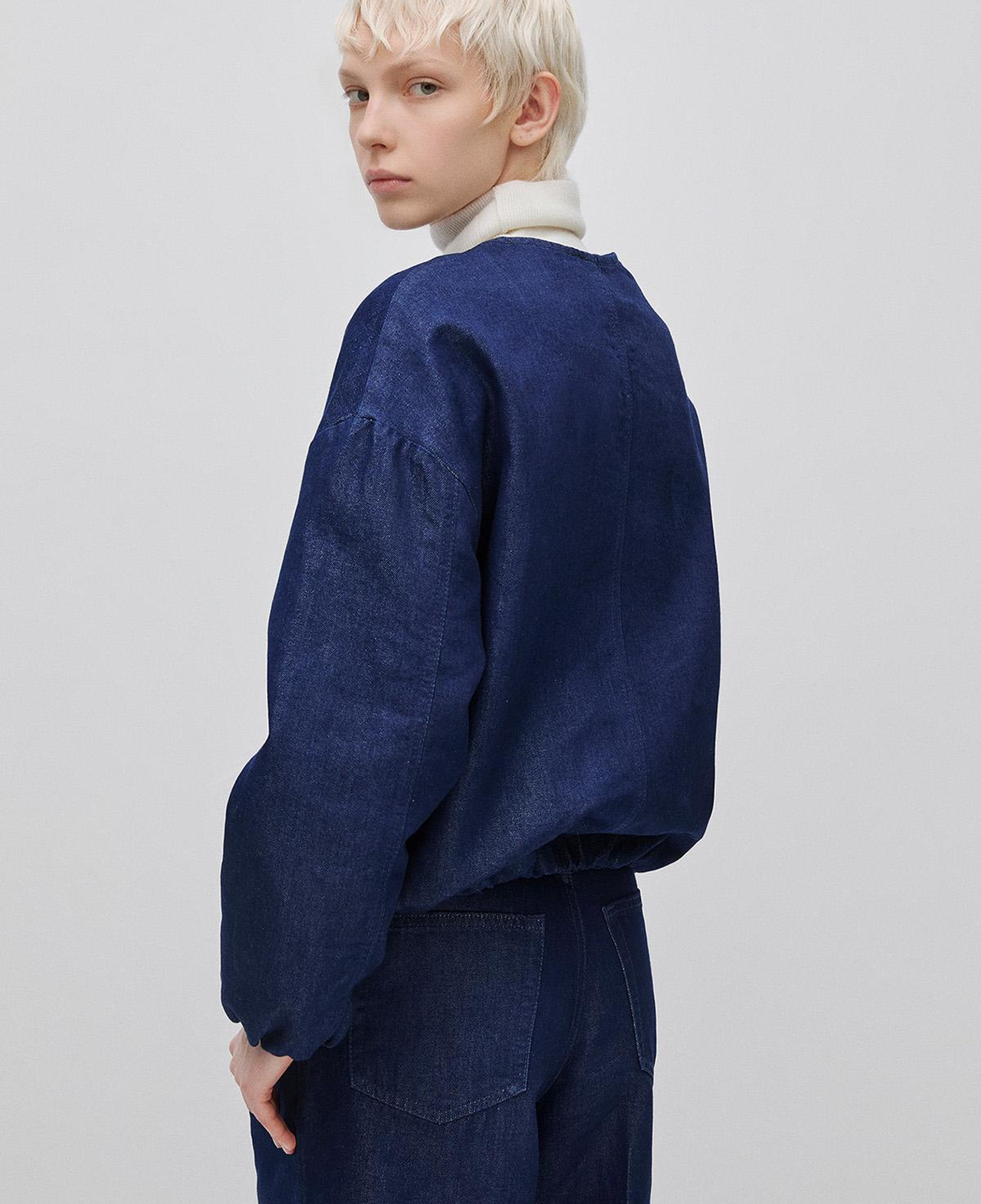 Kadın Lacivert Pamuk Karışımlı Büzgülü Oversize Denim Bomber Ceket