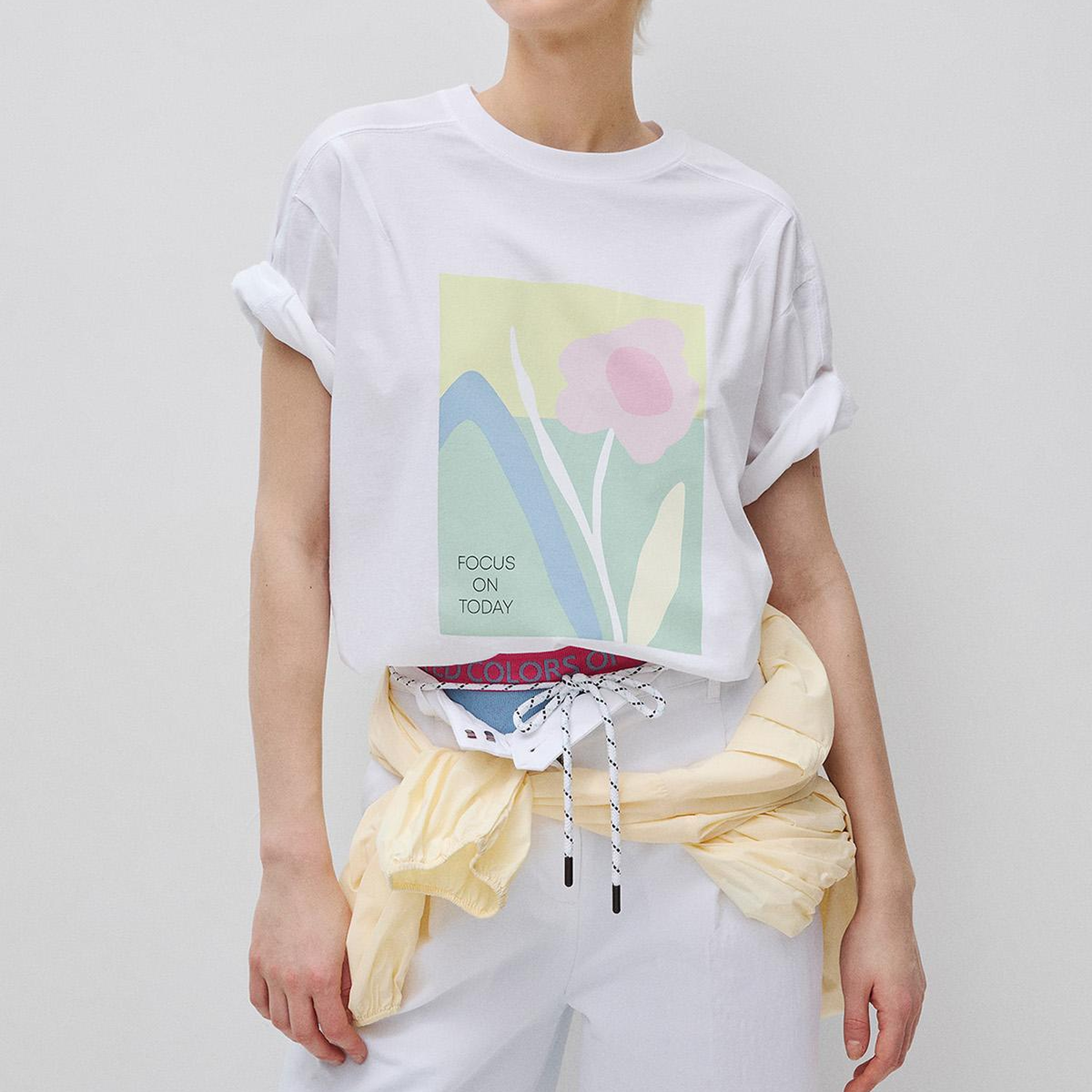 Kadın Beyaz %100 Pamuk Su Bazlı Baskılı Oversize Bisiklet Yaka T-Shirt