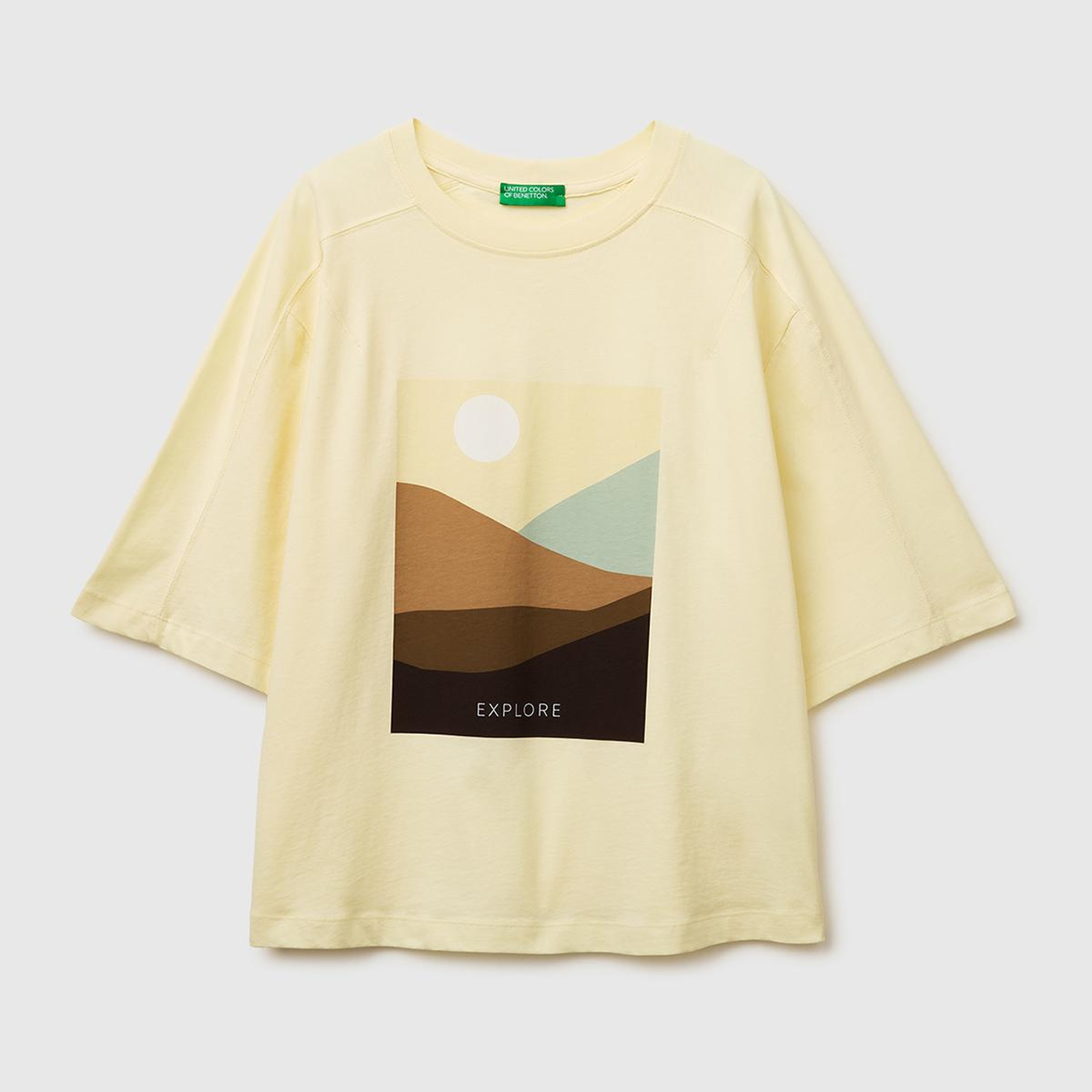 Kadın Açık Sarı %100 Pamuk Su Bazlı Baskılı Oversize Bisiklet Yaka T-Shirt